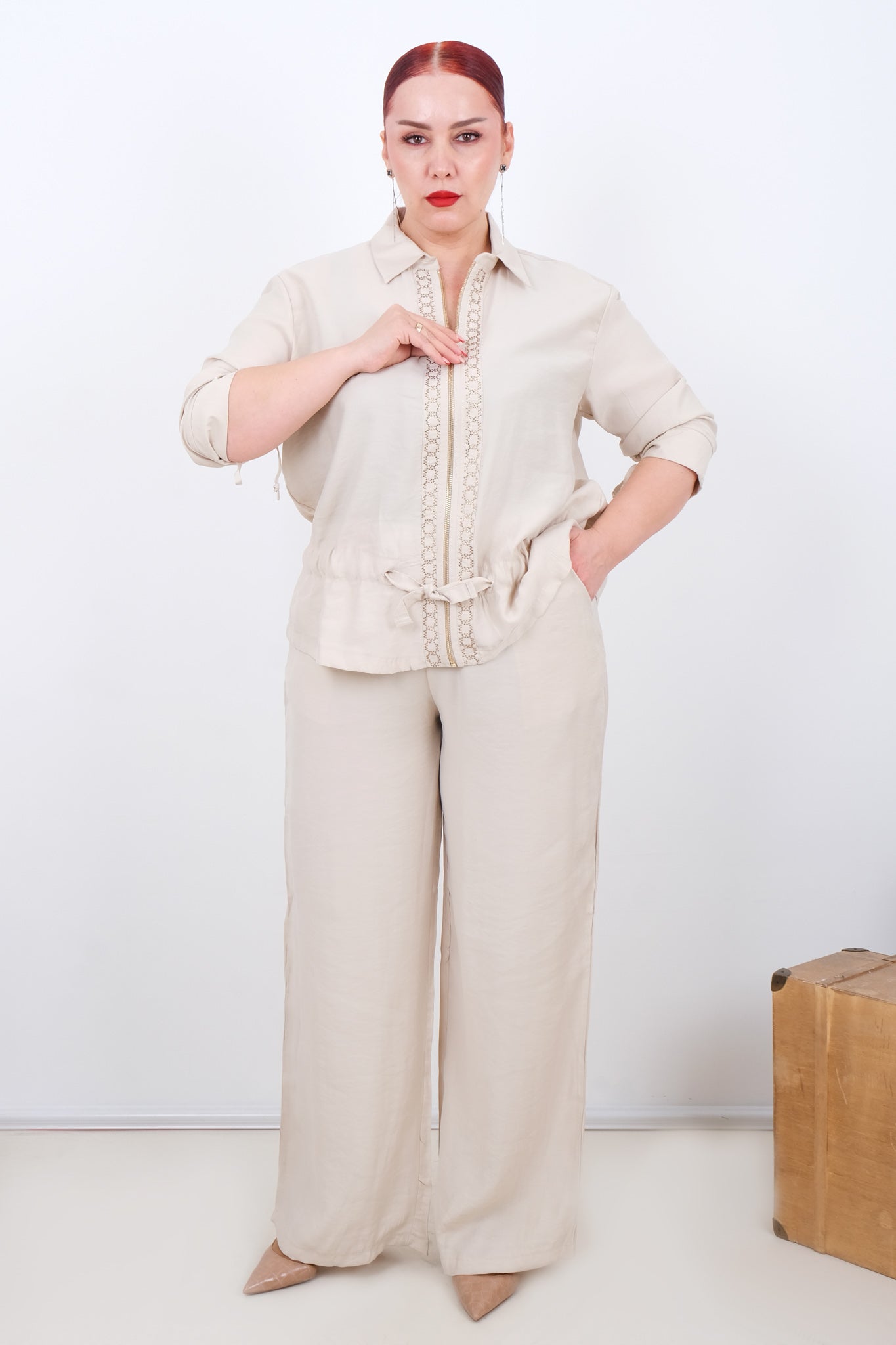 Luxusní dámský komplet modal - košile s krajkou a široké kalhoty