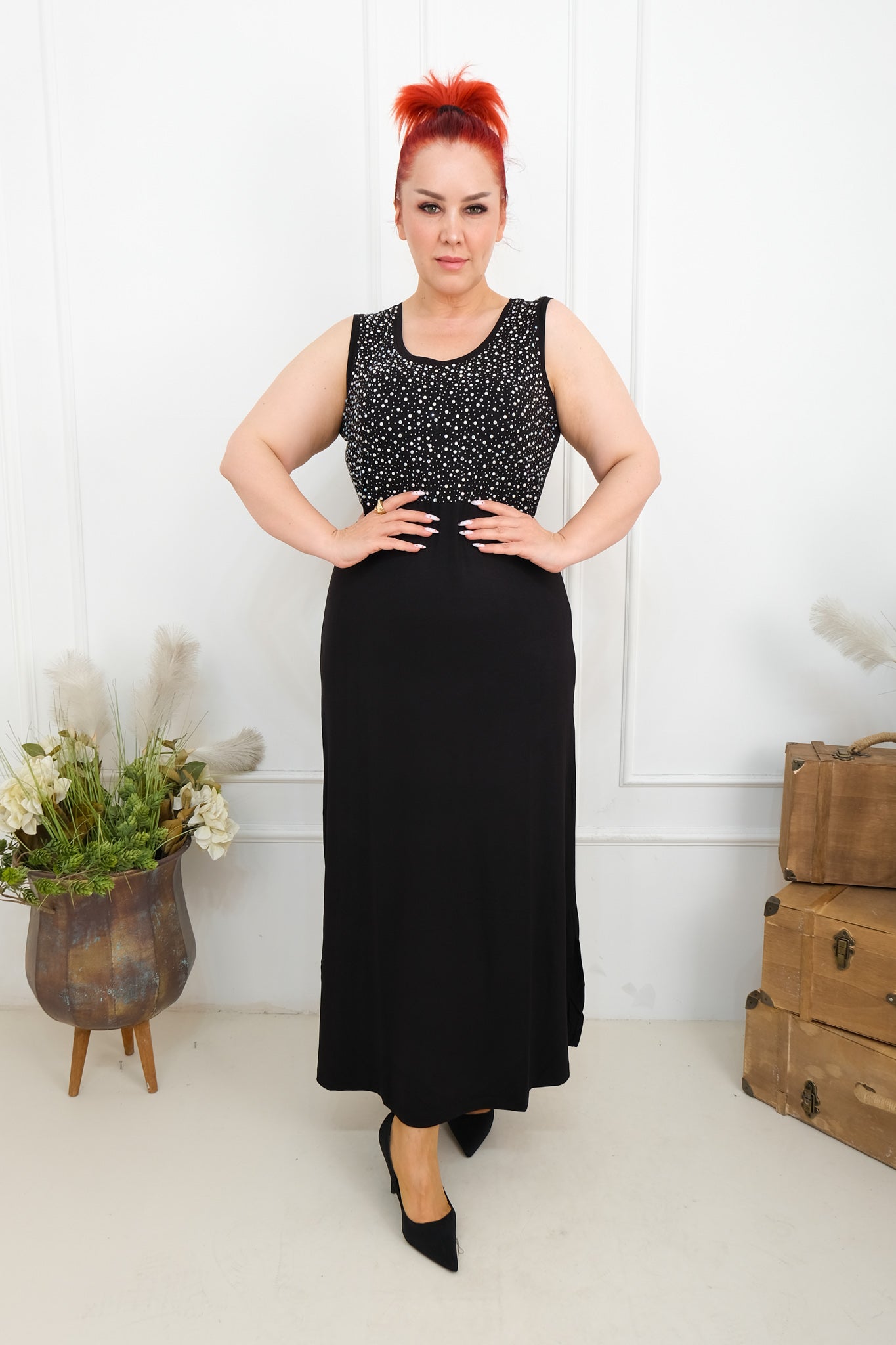 Dámské dlouhé šaty s kamínkovým topem