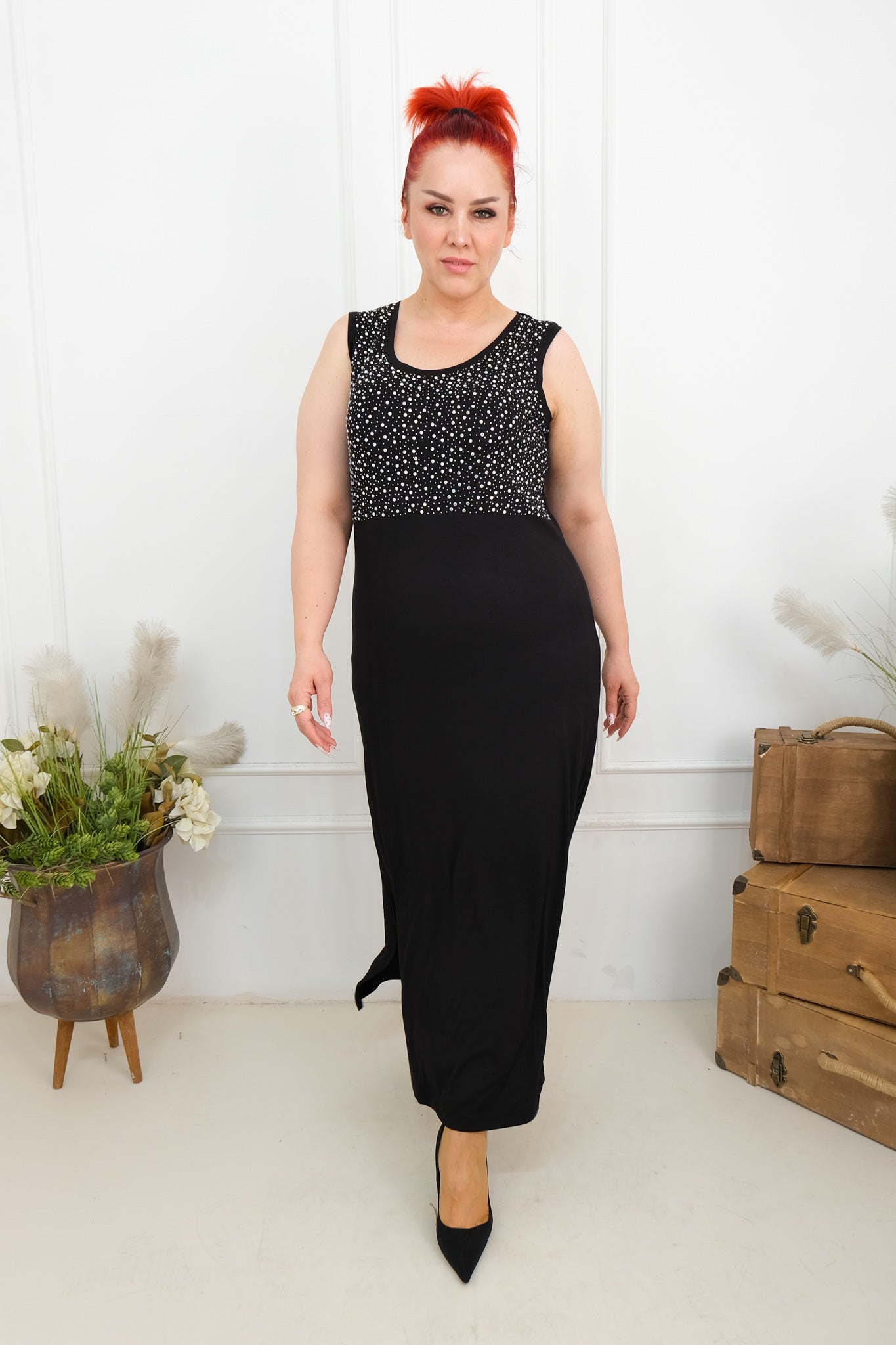 Dámské dlouhé šaty s kamínkovým topem