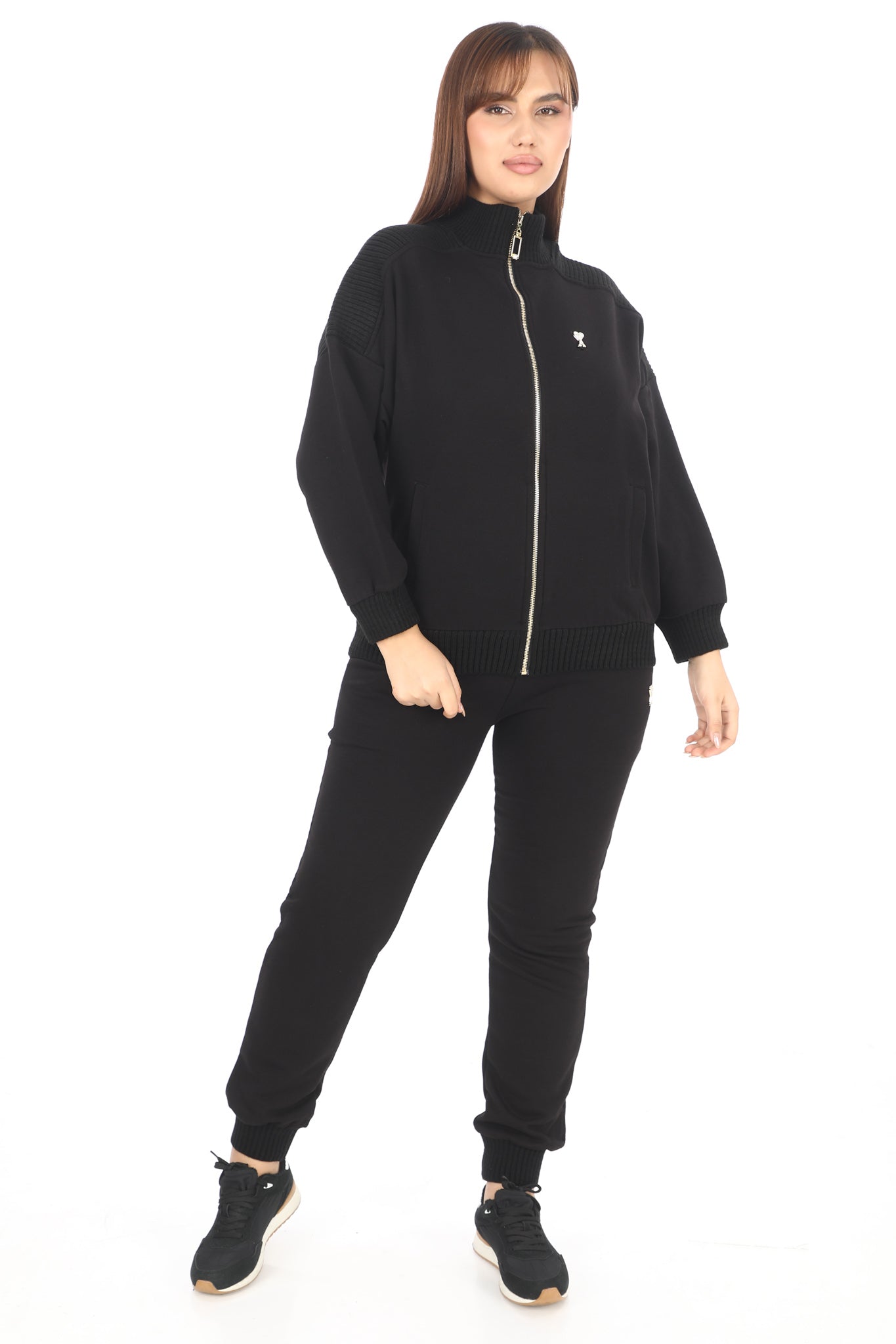 Dámský černý set s límcem - svetrová mikina se zipem a kalhoty