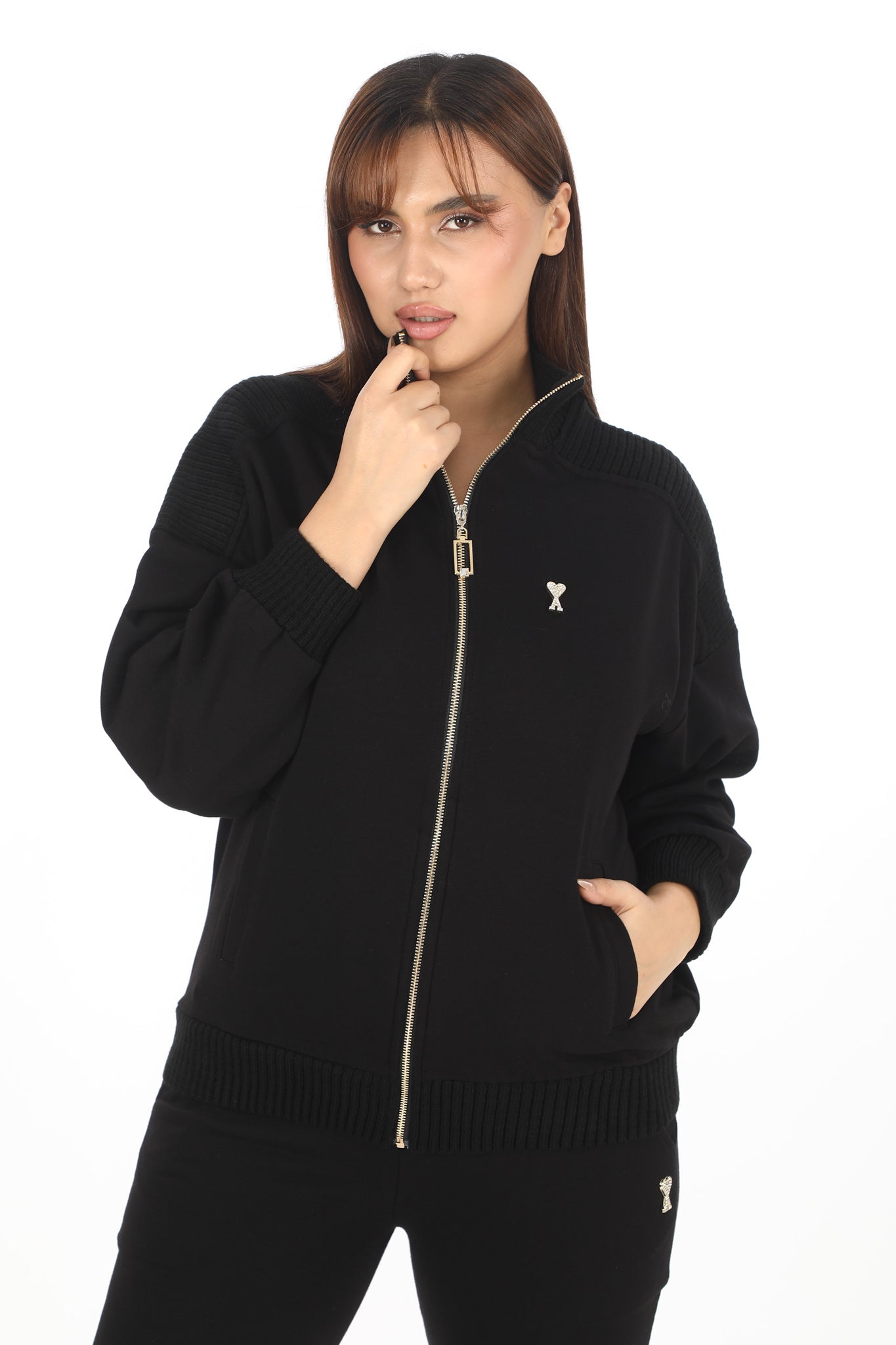 Dámský černý set s límcem - svetrová mikina se zipem a kalhoty