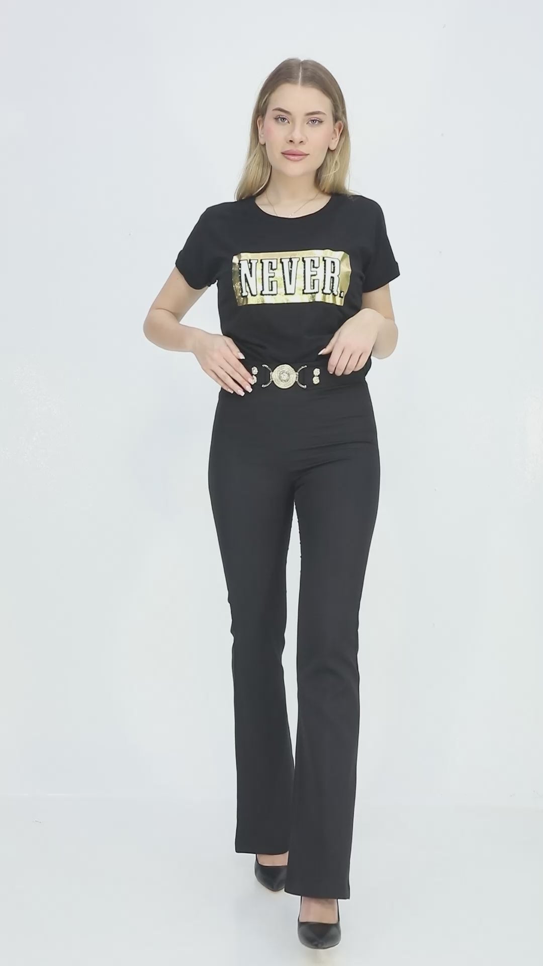 Zvonové kalhoty s ozdobným páskem - béžové/černé