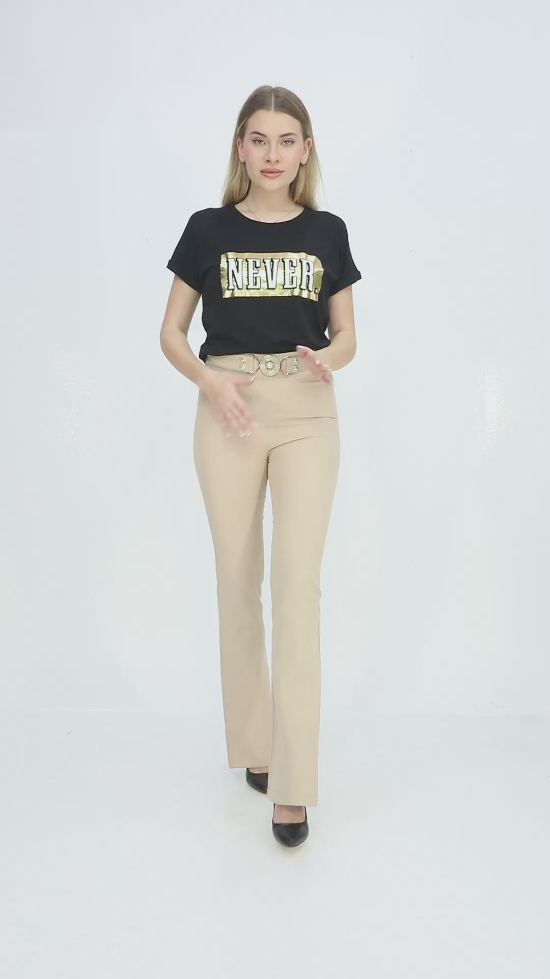 Zvonové kalhoty s ozdobným páskem - béžové/černé