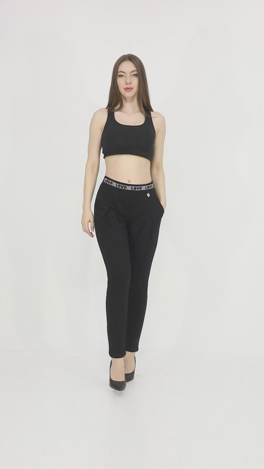 Dámské černé slim kalhoty s kamínky v pase