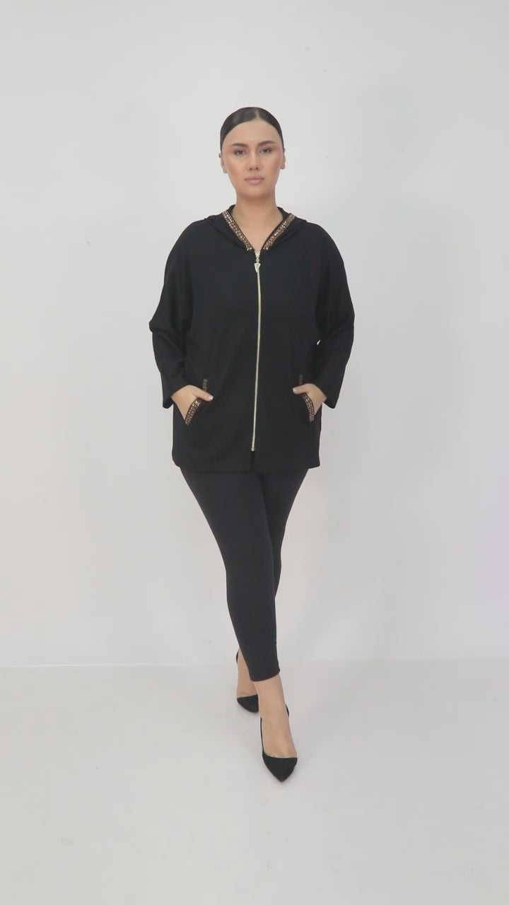 Dámská elegantní mikina na zip s kapucí a se zlatým zdobením