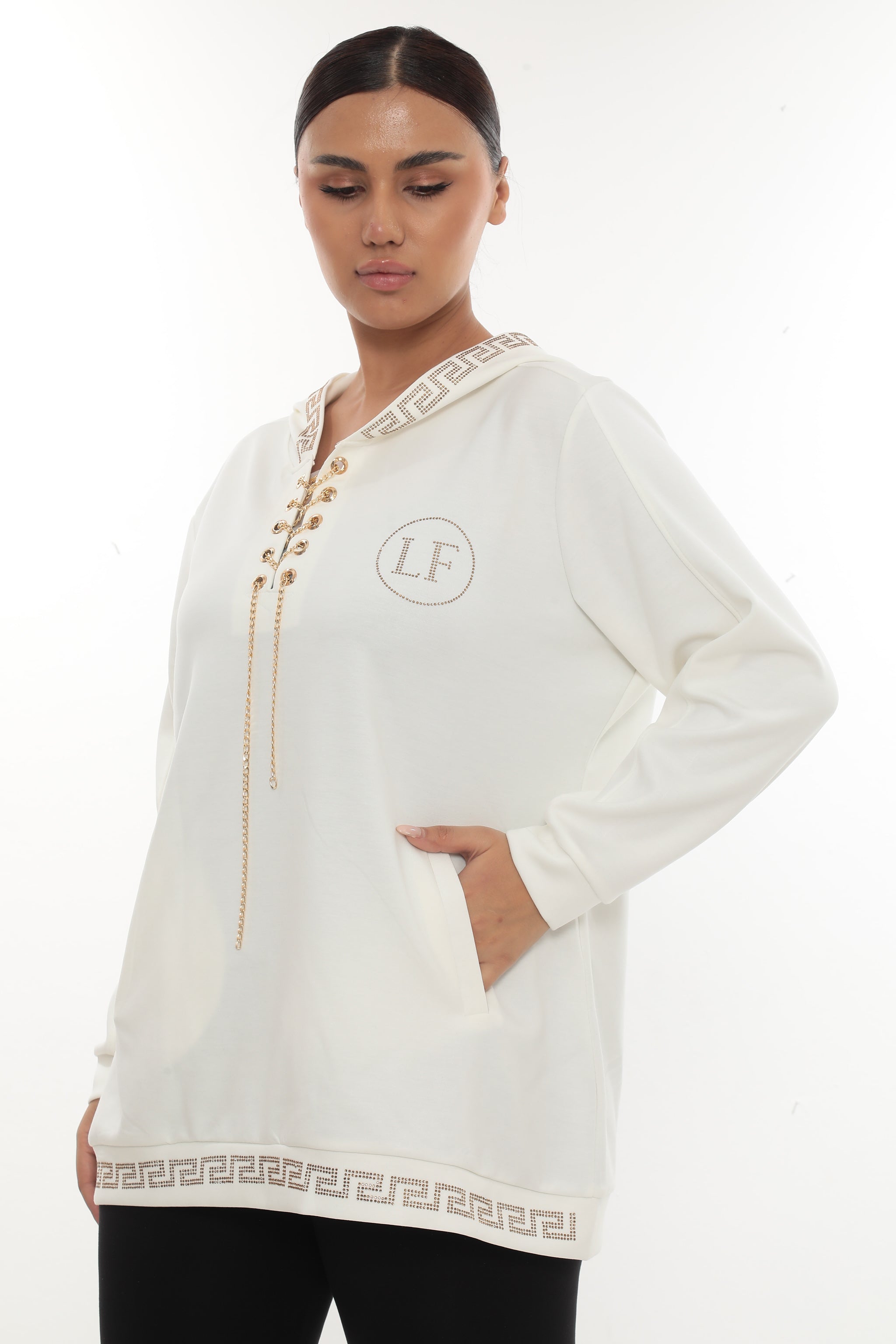 Dámská mikina s kapucí a zlatým šněrováním