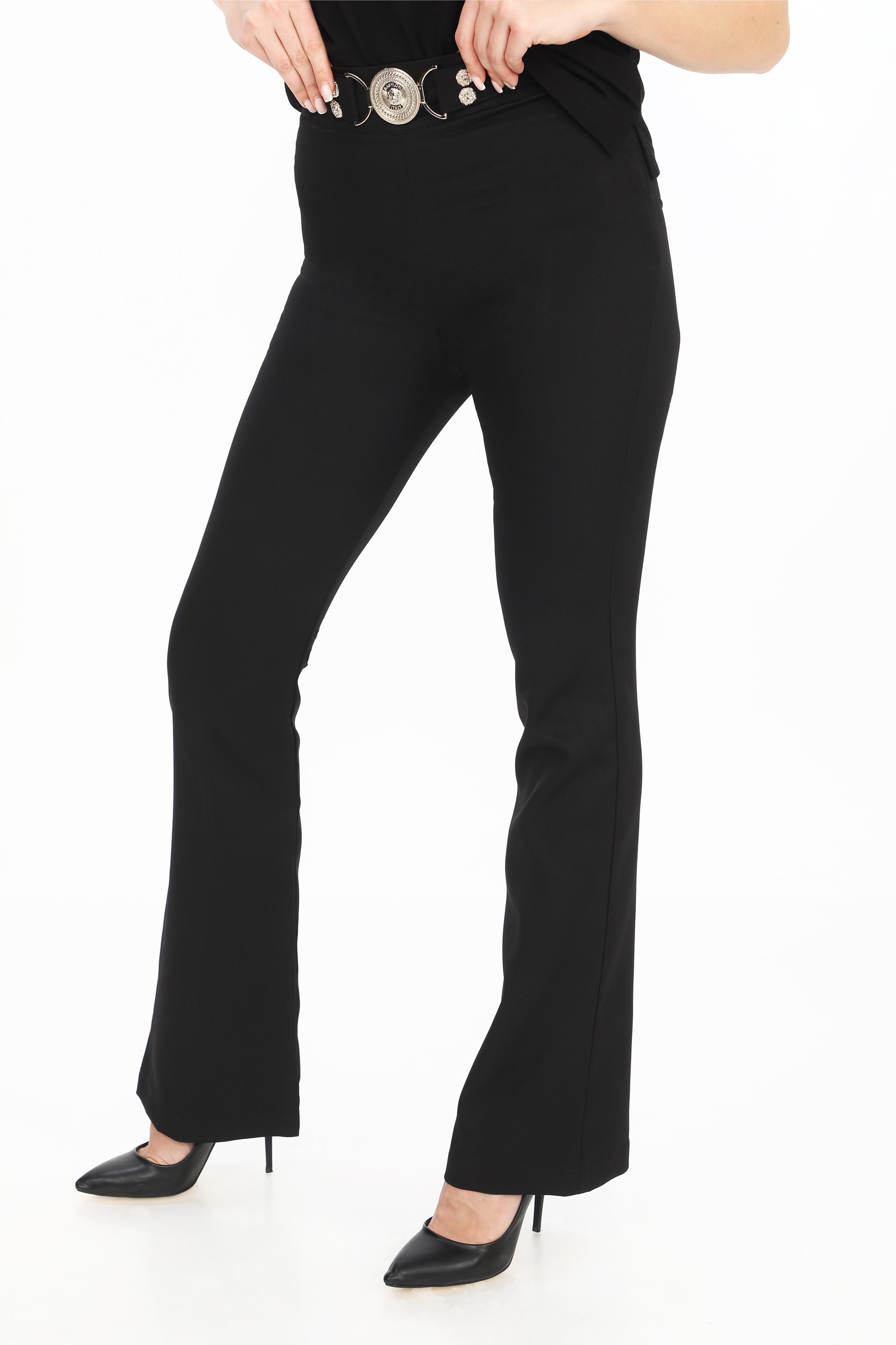 Zvonové kalhoty s ozdobným páskem - béžové/černé