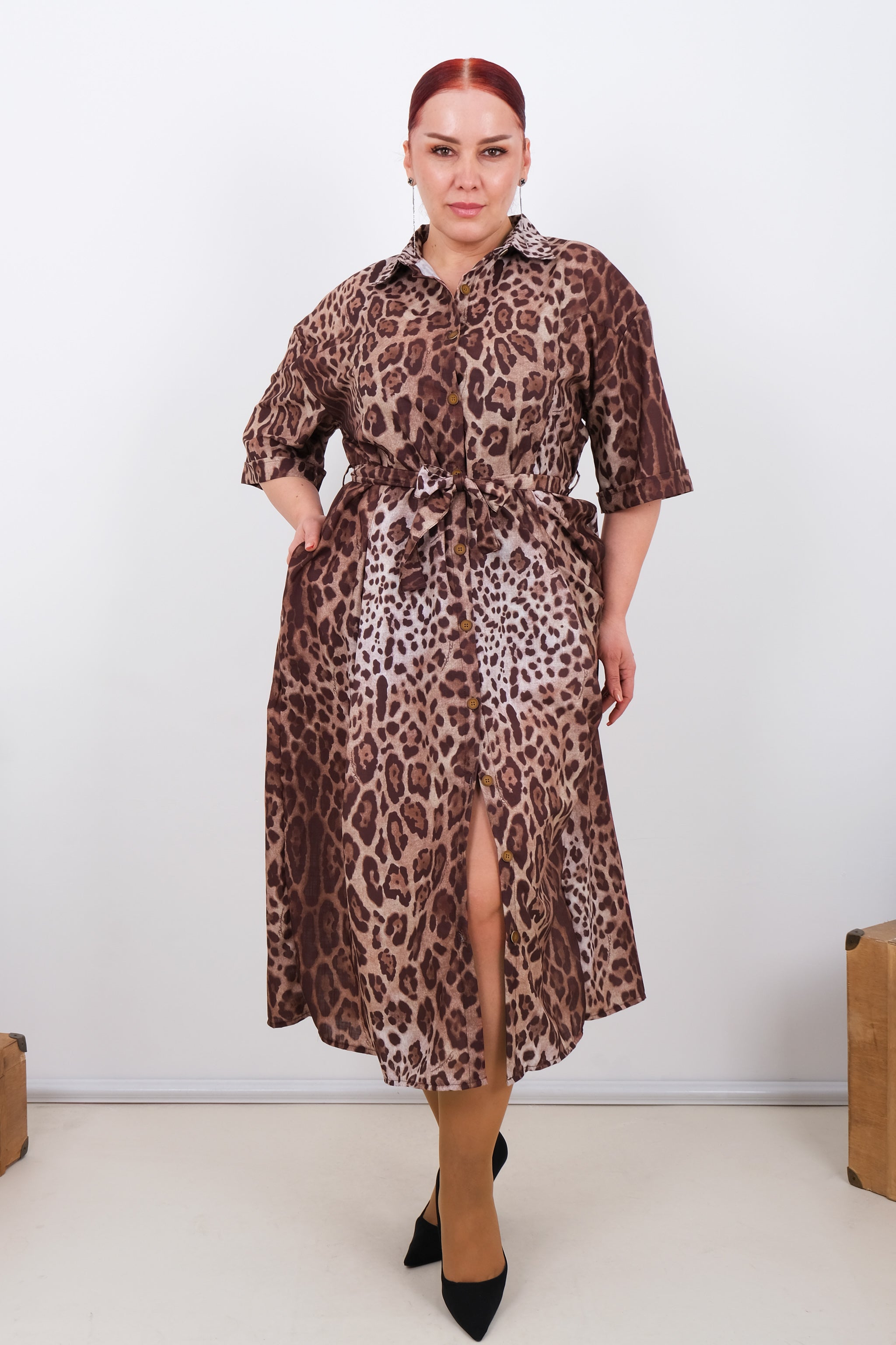 Leopardí košilové šaty midi