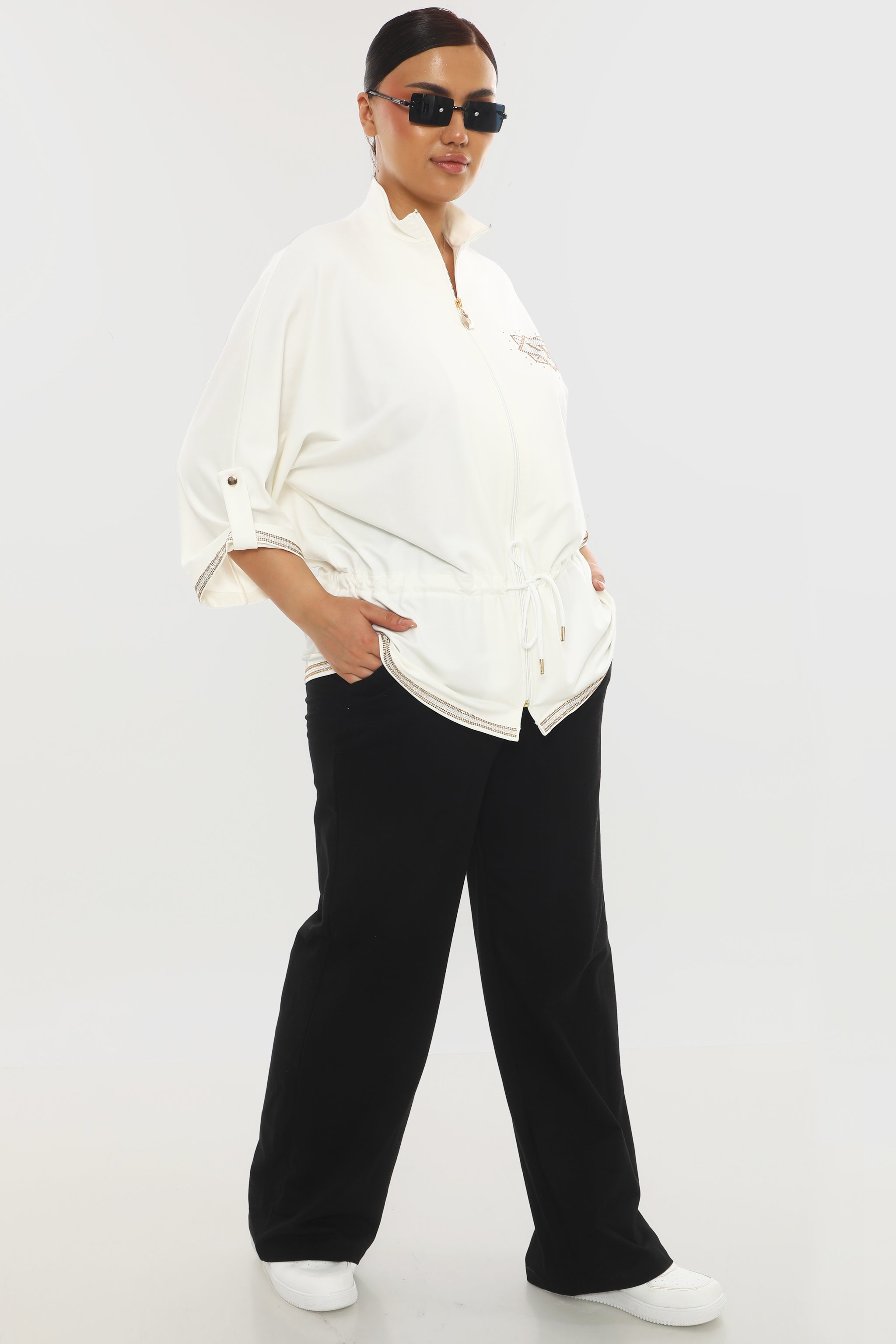 Dámská tepláková souprava s kamínky - luxusní bavlněný set tunika a kalhoty