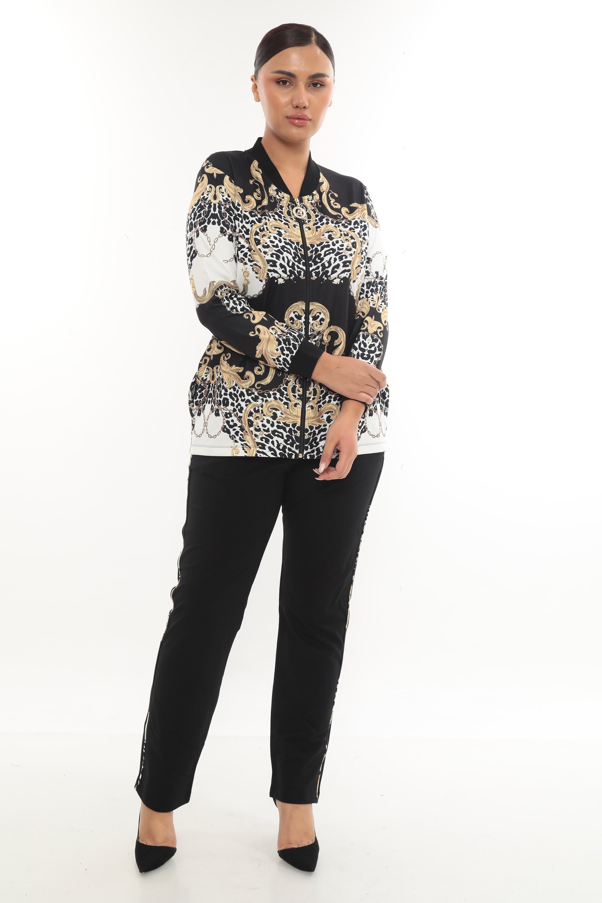 Dámská tepláková souprava - černá se zlatými barokními ornamenty a leopardím vzorem