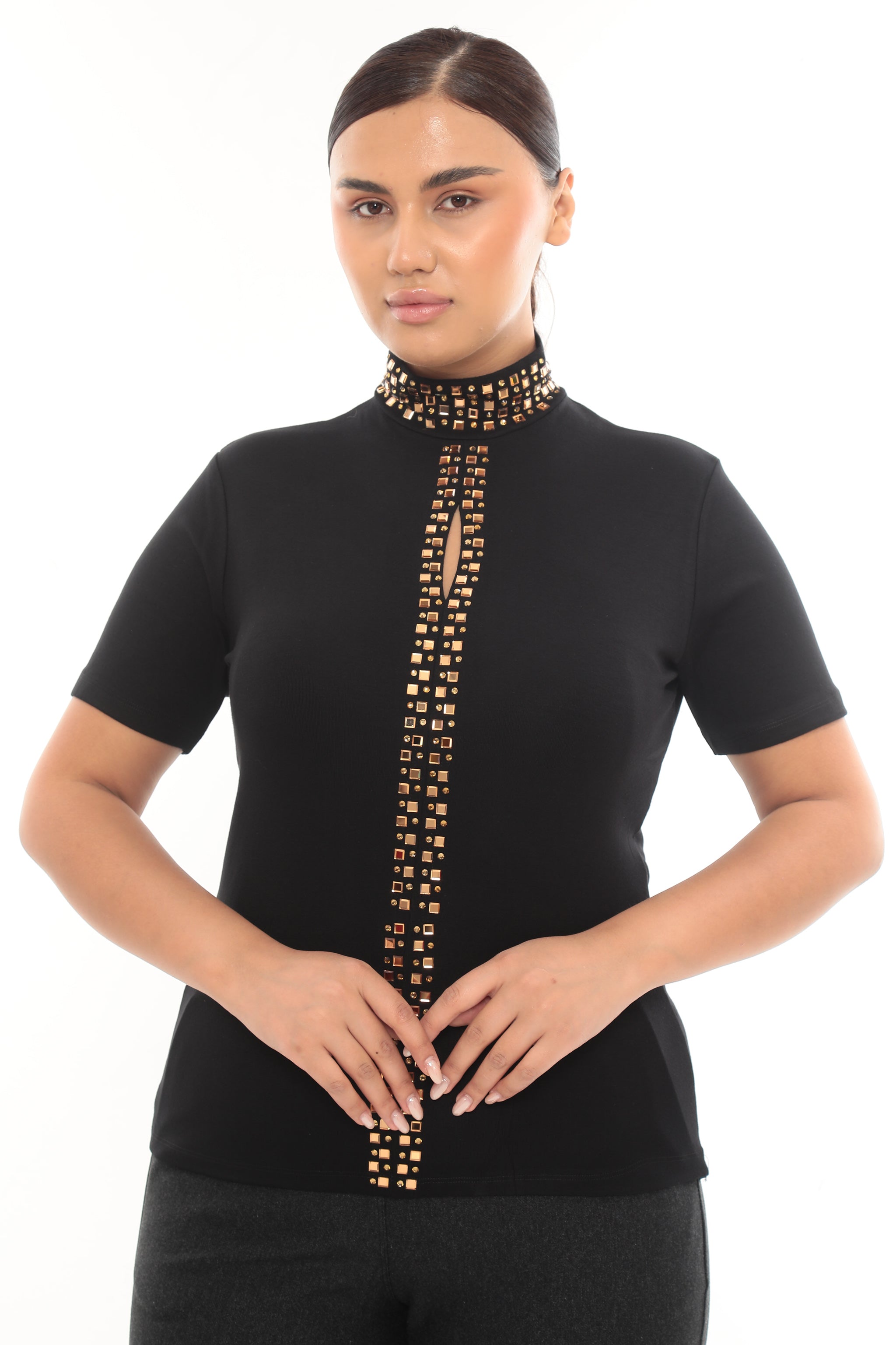Stylový dámský top se stojáčkem a zlatými aplikacemi