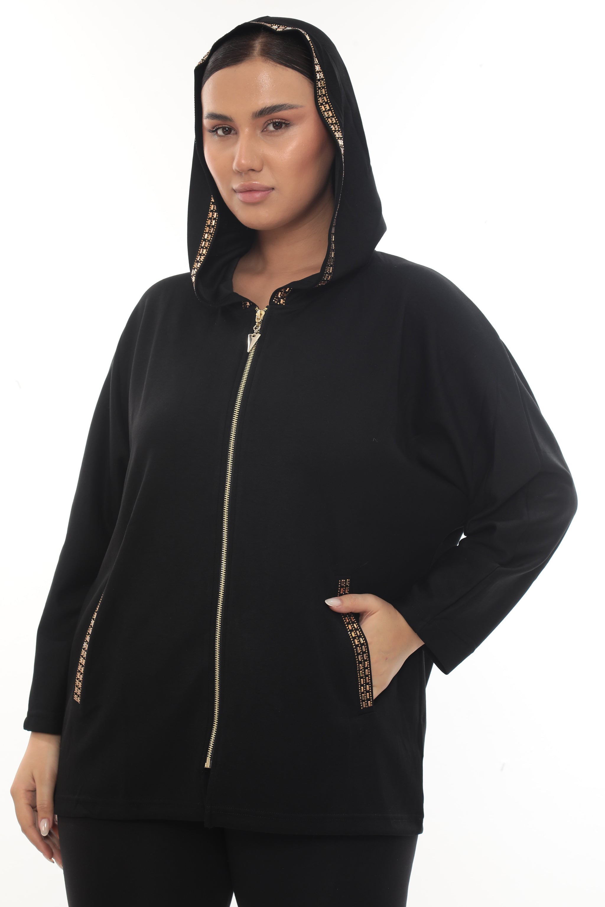 Dámská elegantní mikina na zip s kapucí a se zlatým zdobením
