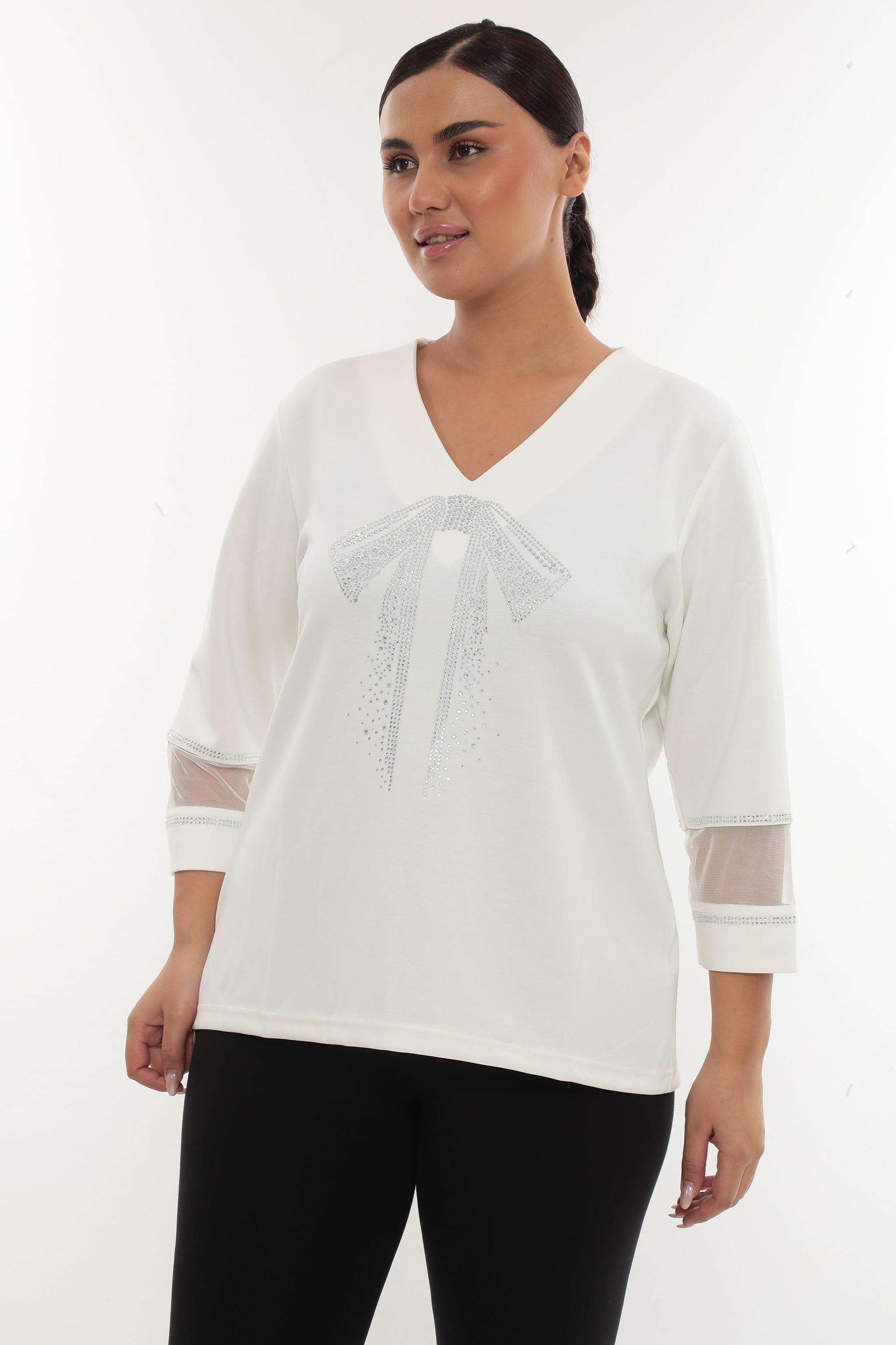 Dámská elegantní halenka s V-výstřihem a kamínkovou mašlí