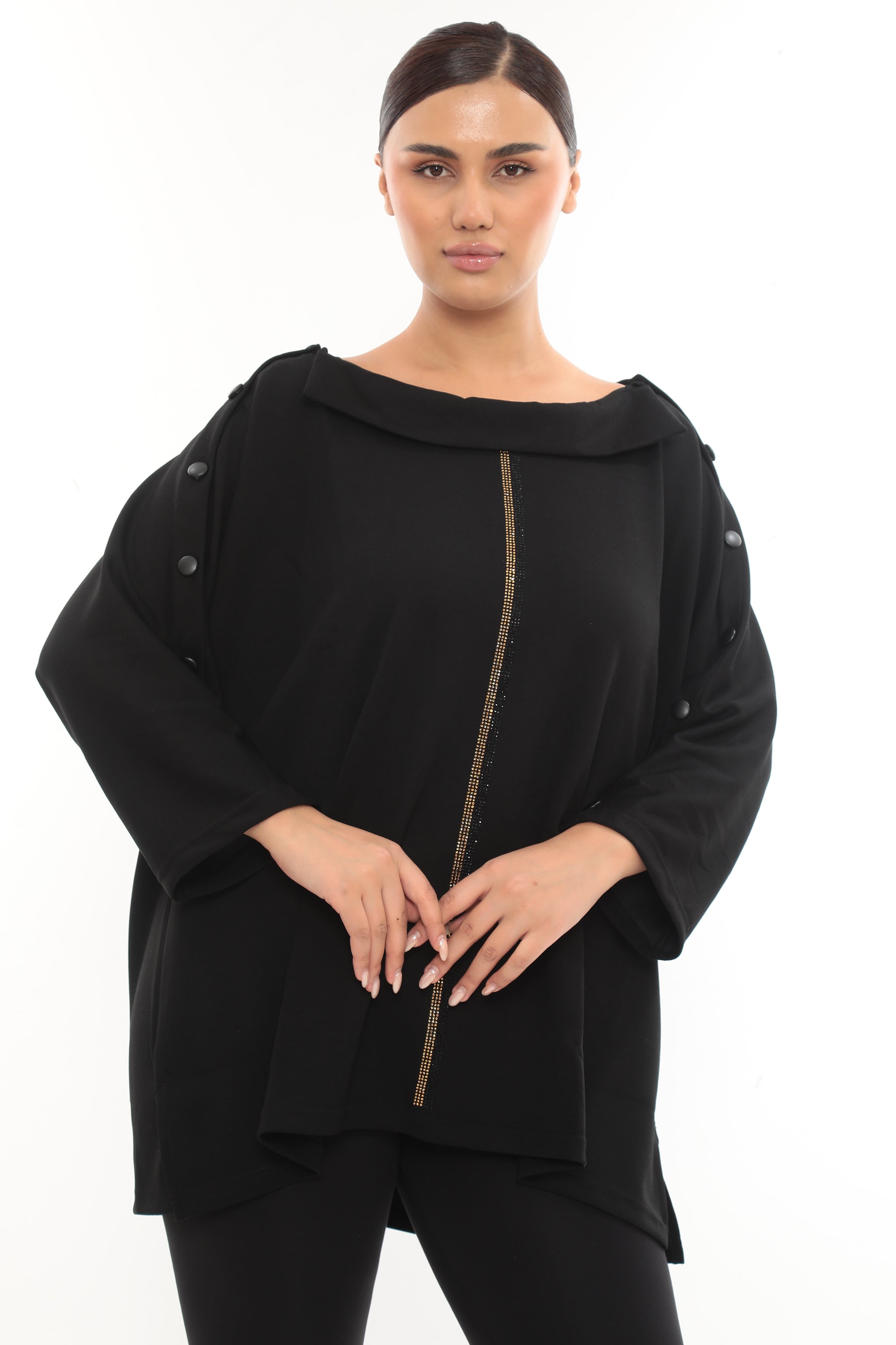 Asymetrická designová tunika s knoflíky a zlatým detailem