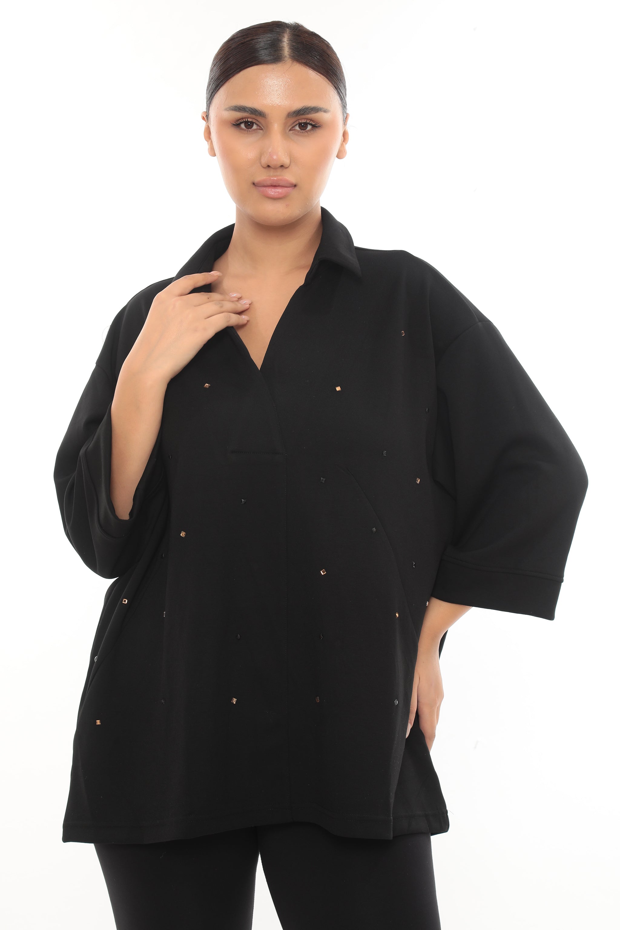 Dámská oversize mikina s košilovým límečkem a kamínky