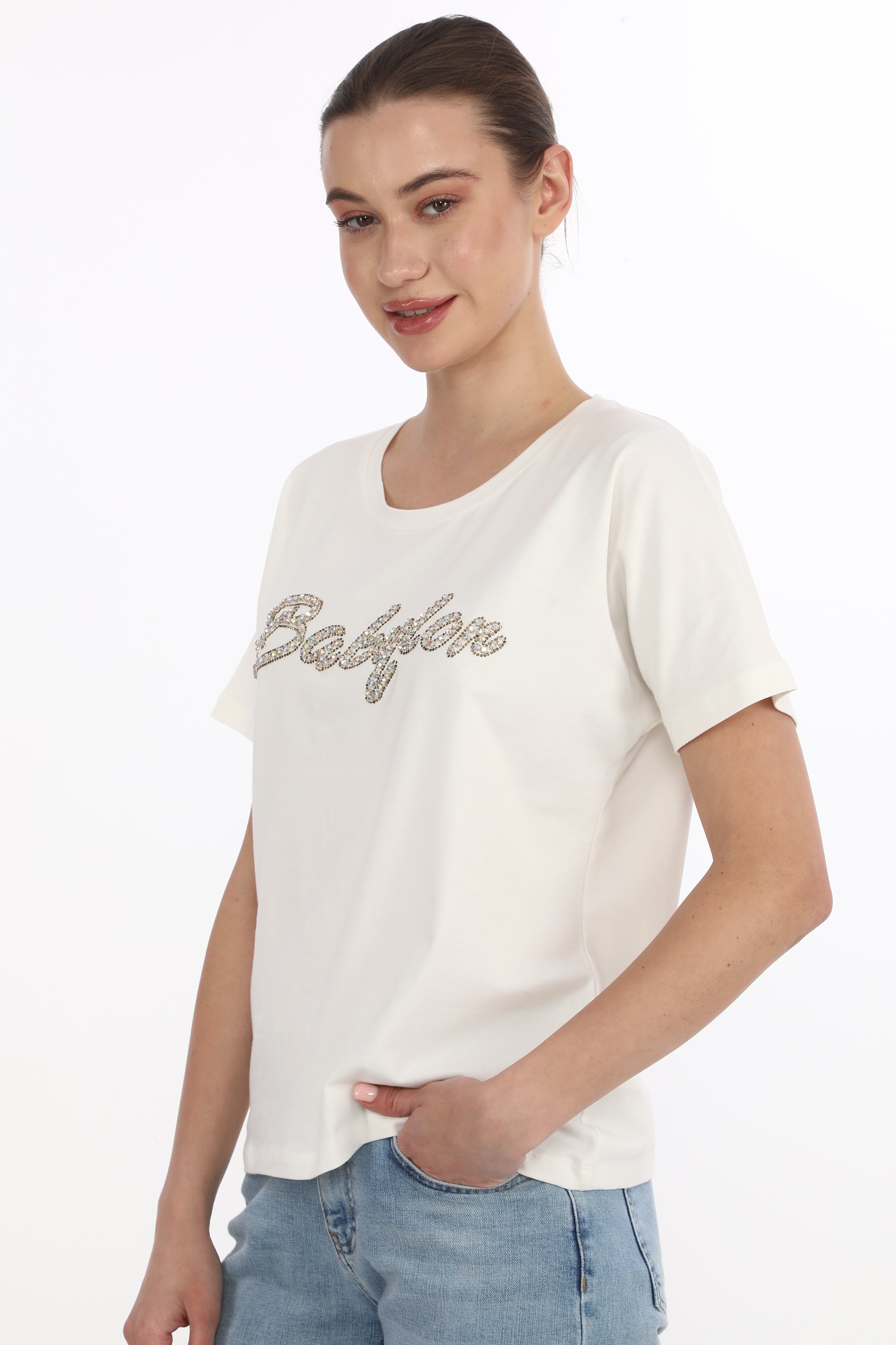 Dámské tričko s kamínky BABYLON Glam - zlaté a duhové