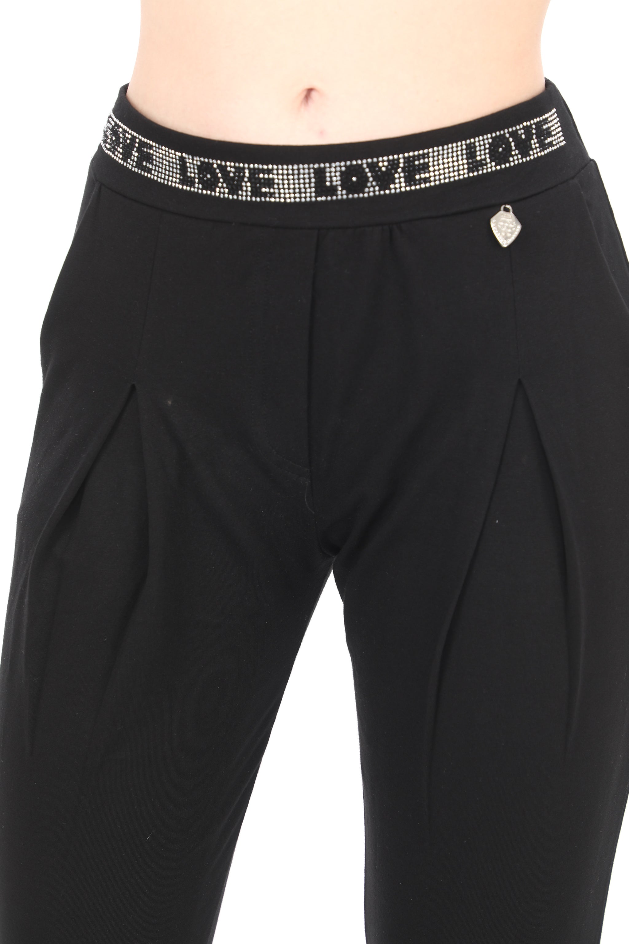 Dámské černé slim kalhoty s kamínky v pase