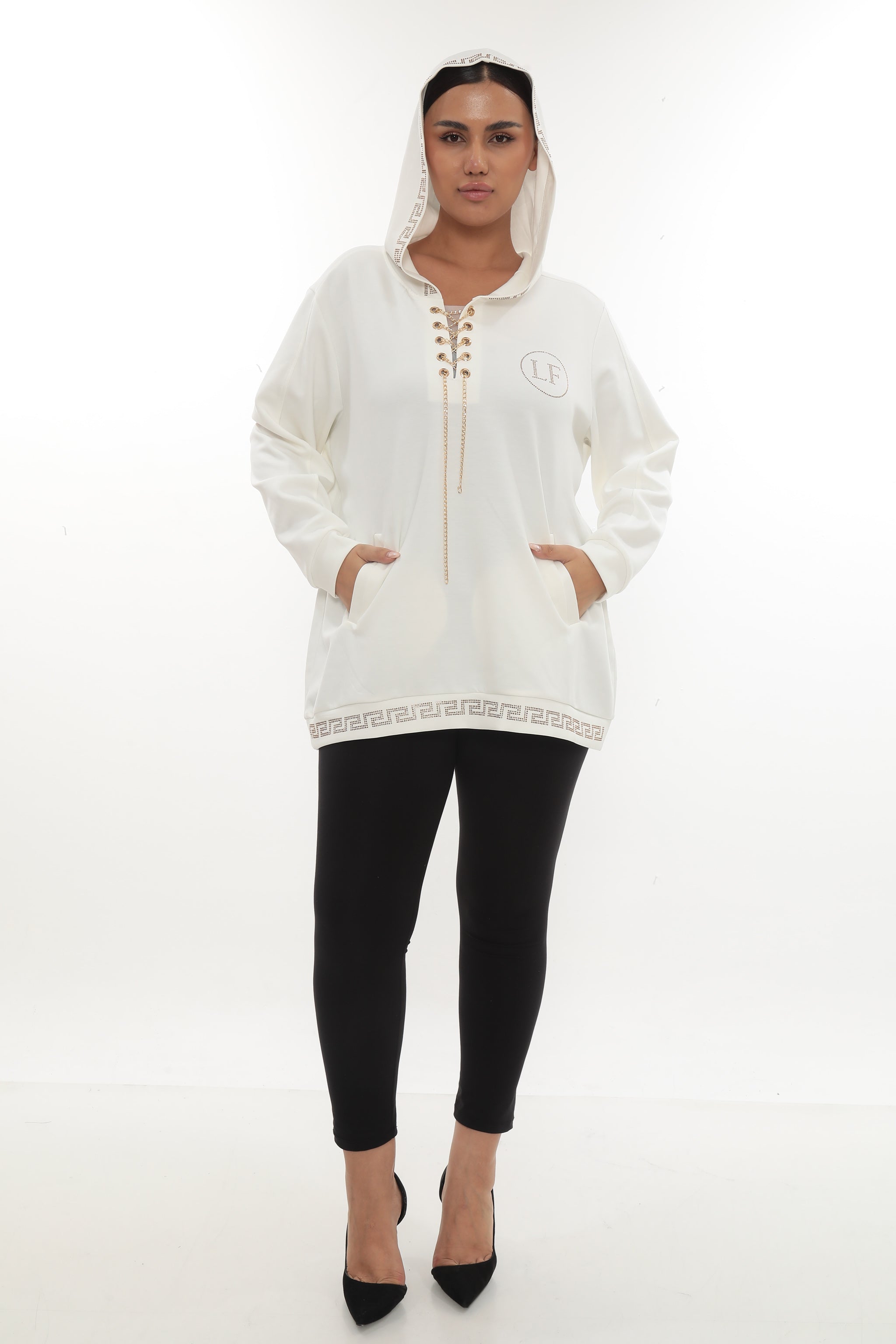 Dámská mikina s kapucí a zlatým šněrováním