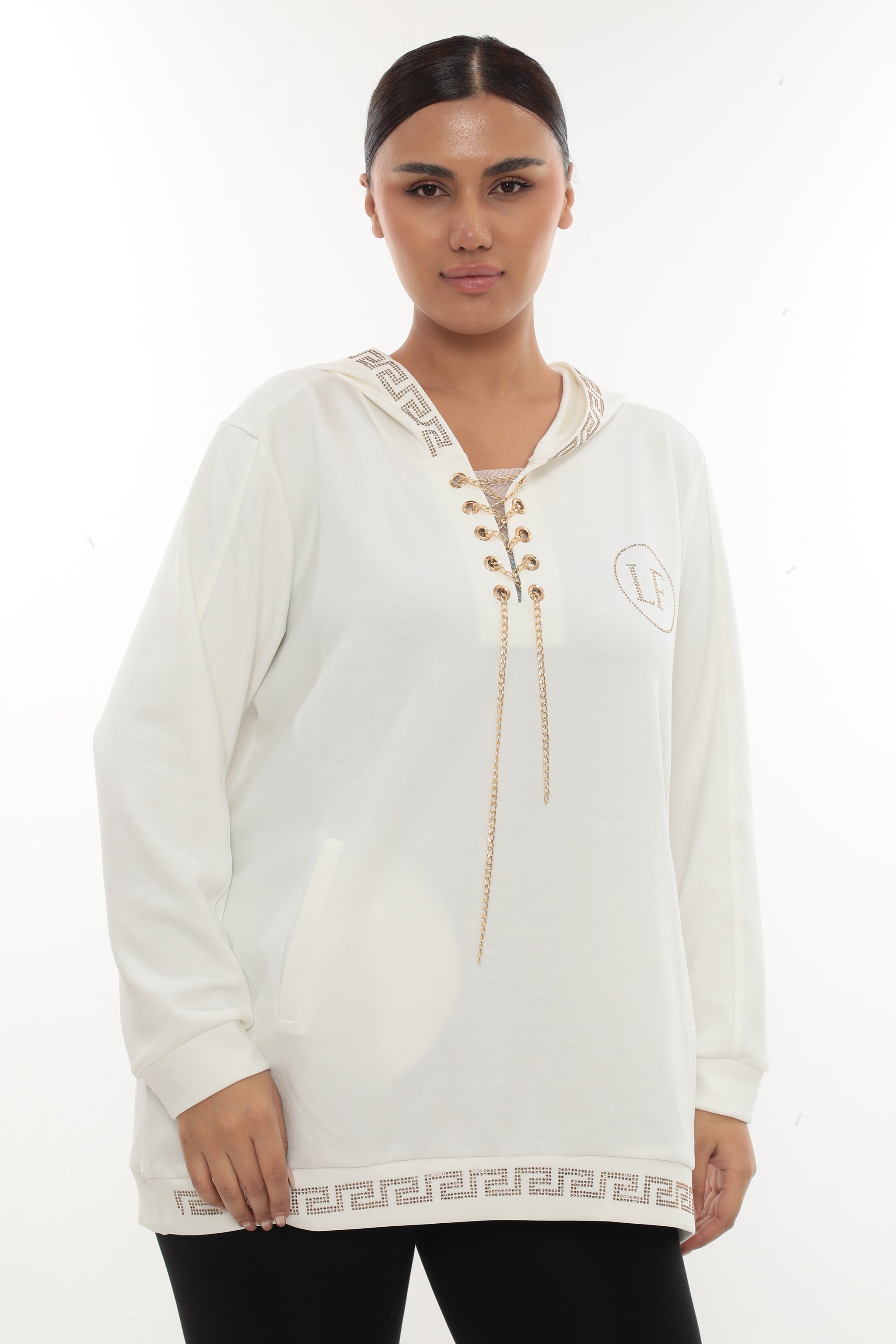 Dámská mikina s kapucí a zlatým šněrováním