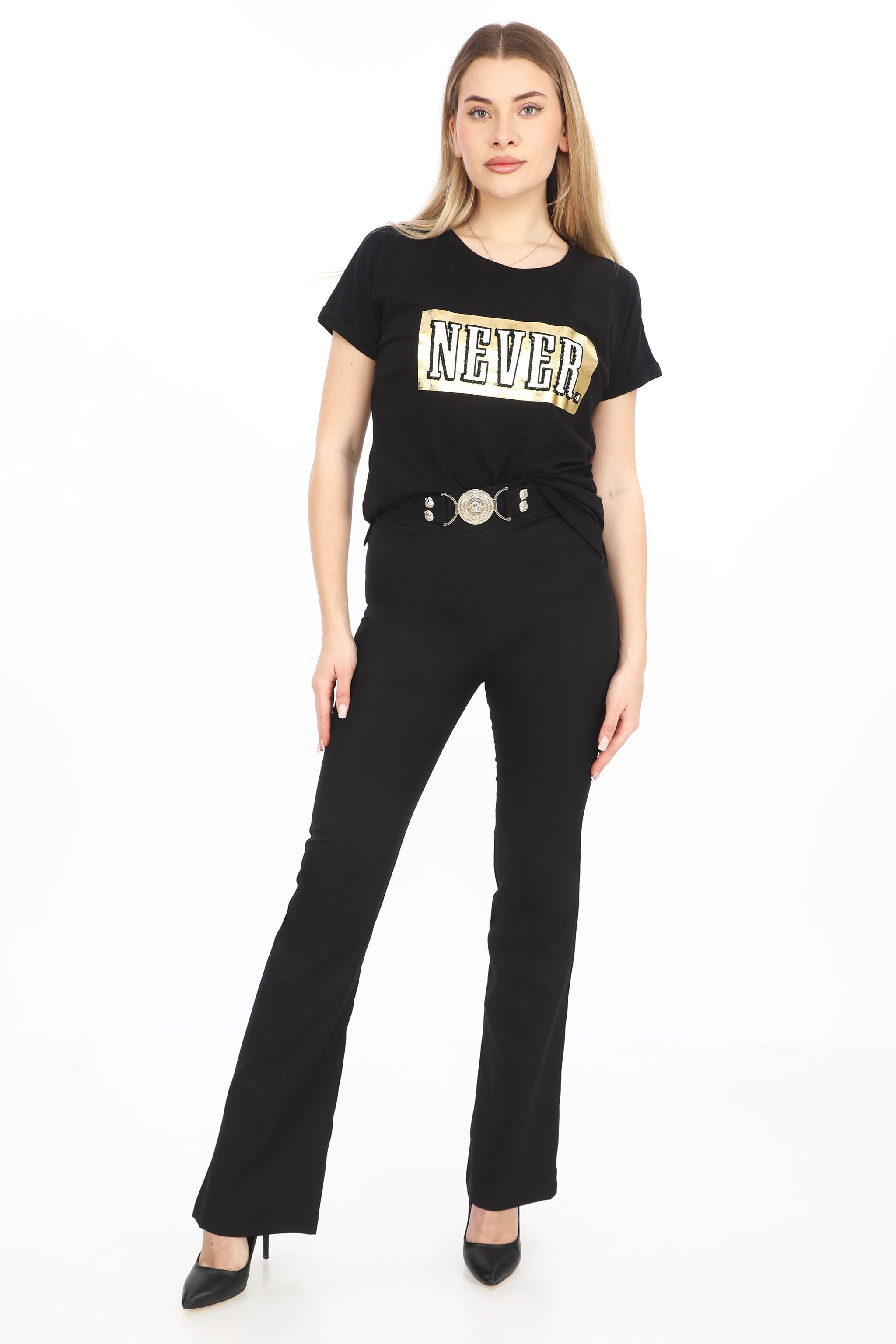 Zvonové kalhoty s ozdobným páskem - béžové/černé