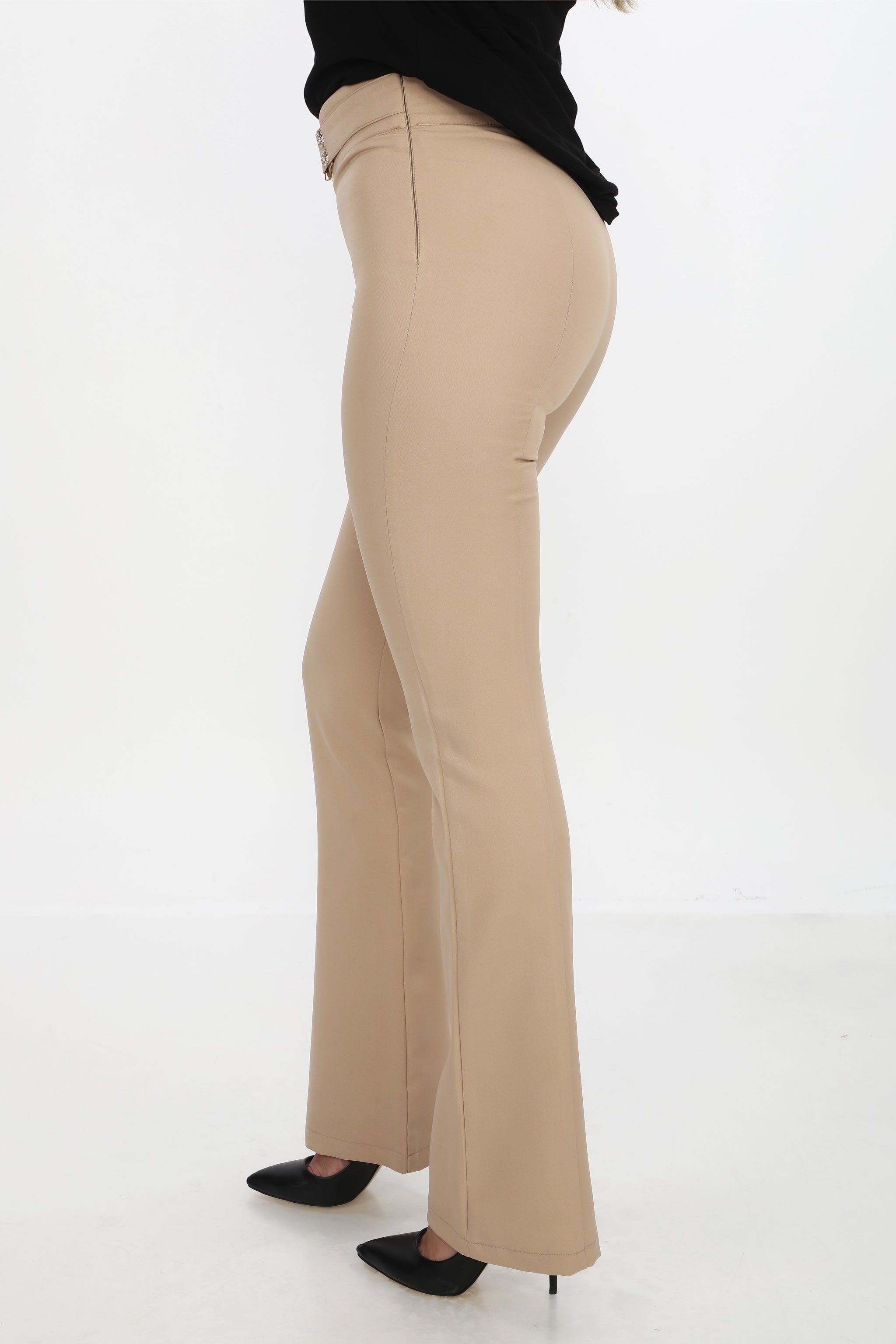 Zvonové kalhoty s ozdobným páskem - béžové/černé