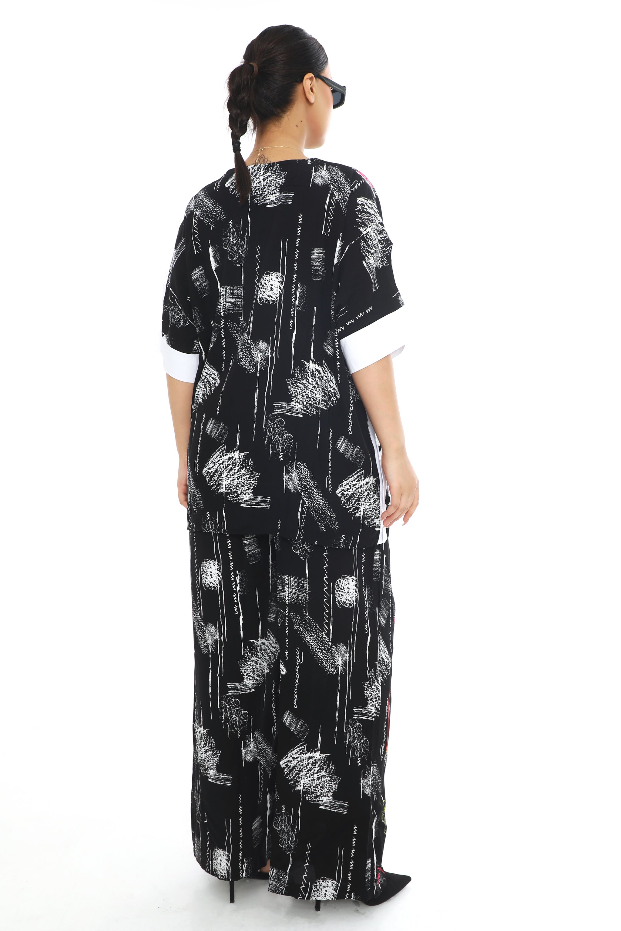 Luxusní dámský komplet s uměleckým vzorem –  halenka a široké kalhoty