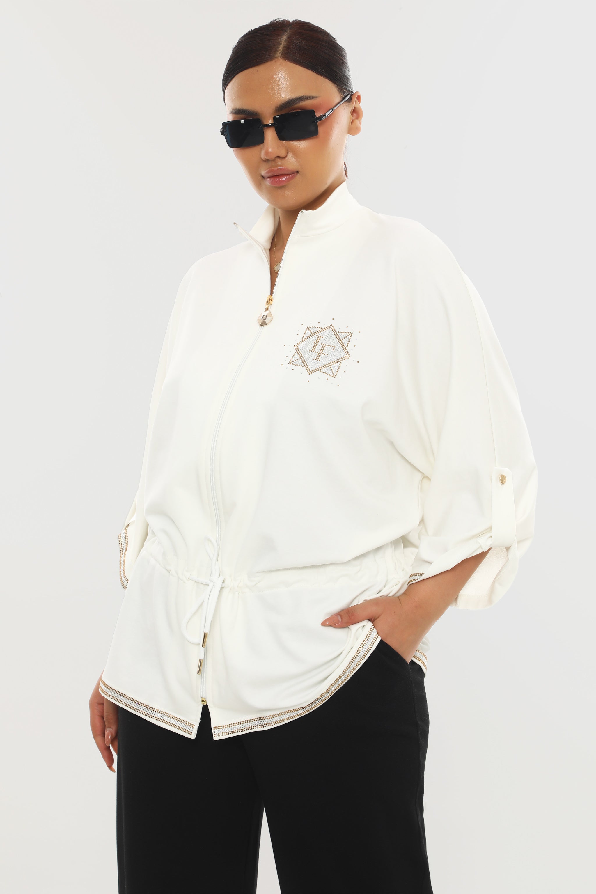 Dámská tepláková souprava s kamínky - luxusní bavlněný set tunika a kalhoty