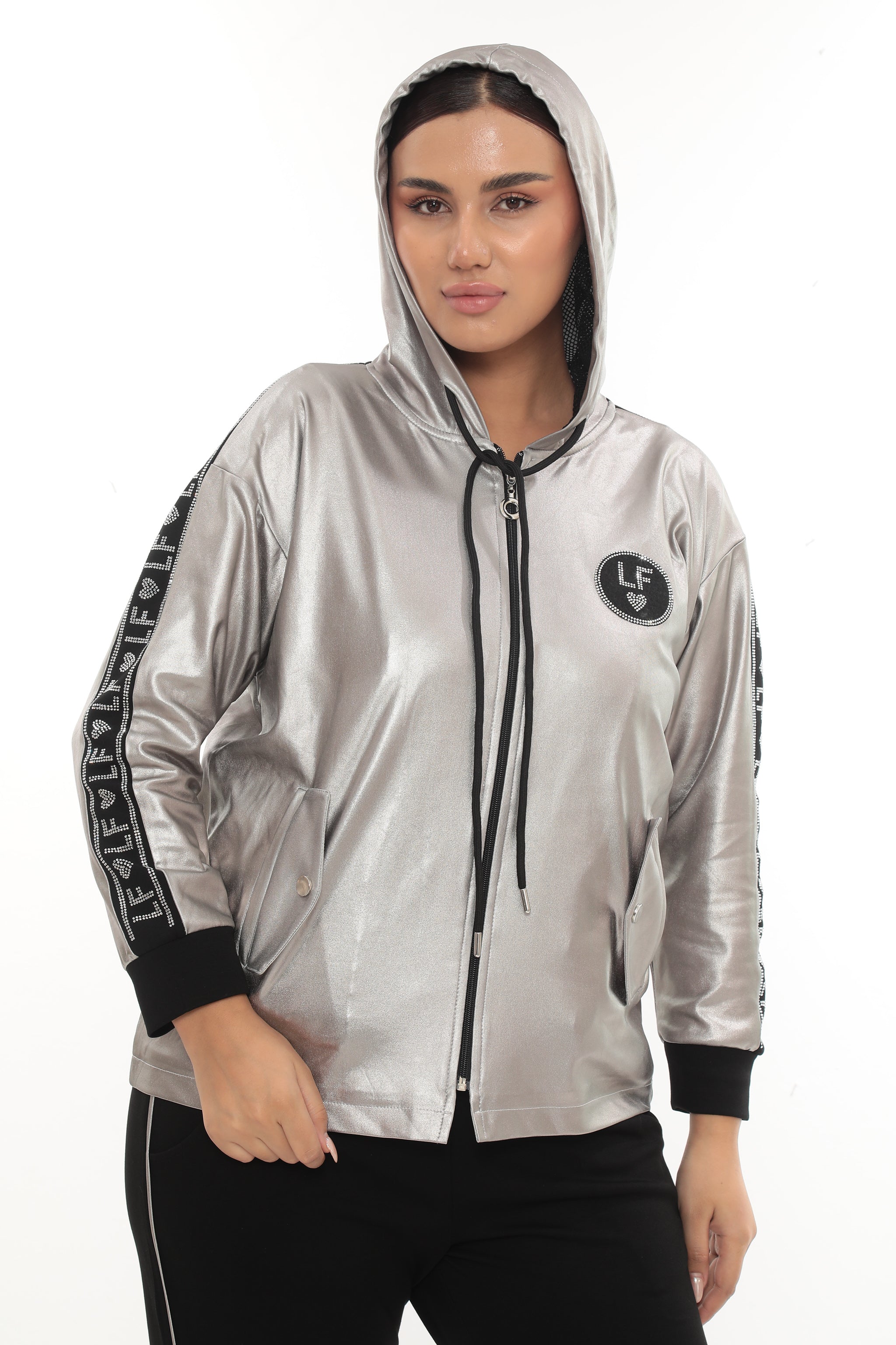 Dámský sportovní metalický komplet s pruhy na rukávech