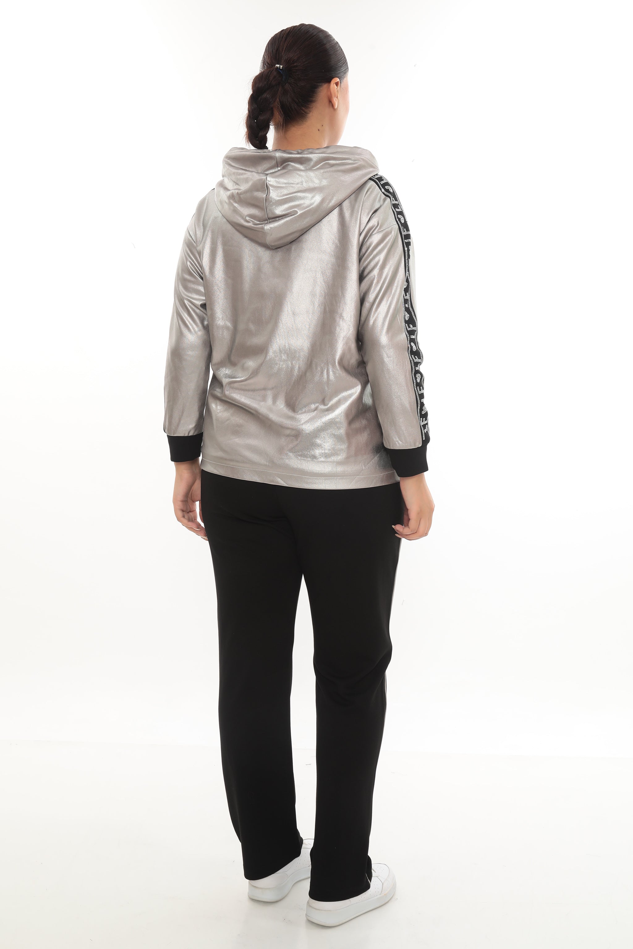 Dámský sportovní metalický komplet s pruhy na rukávech