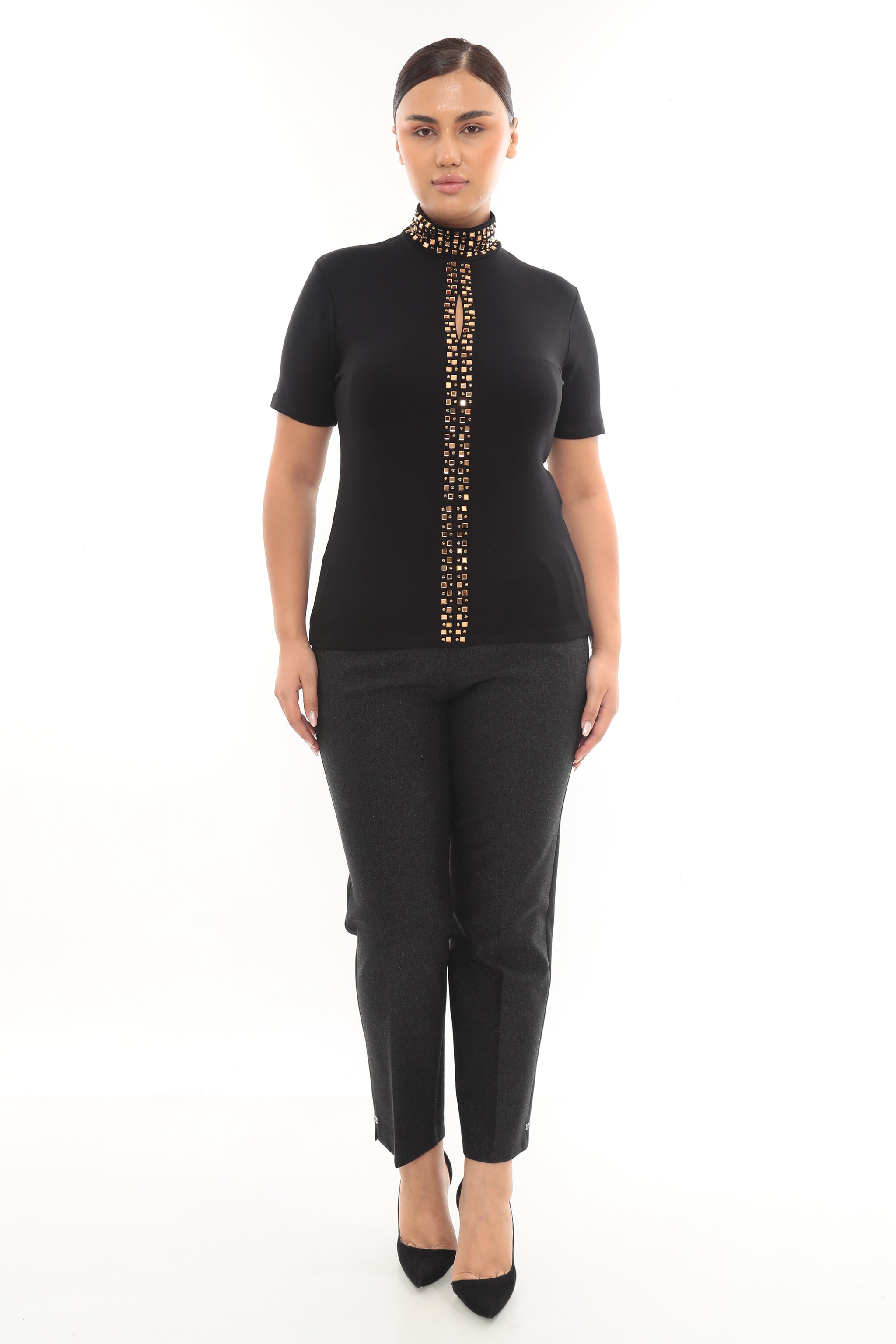 Stylový dámský top se stojáčkem a zlatými aplikacemi