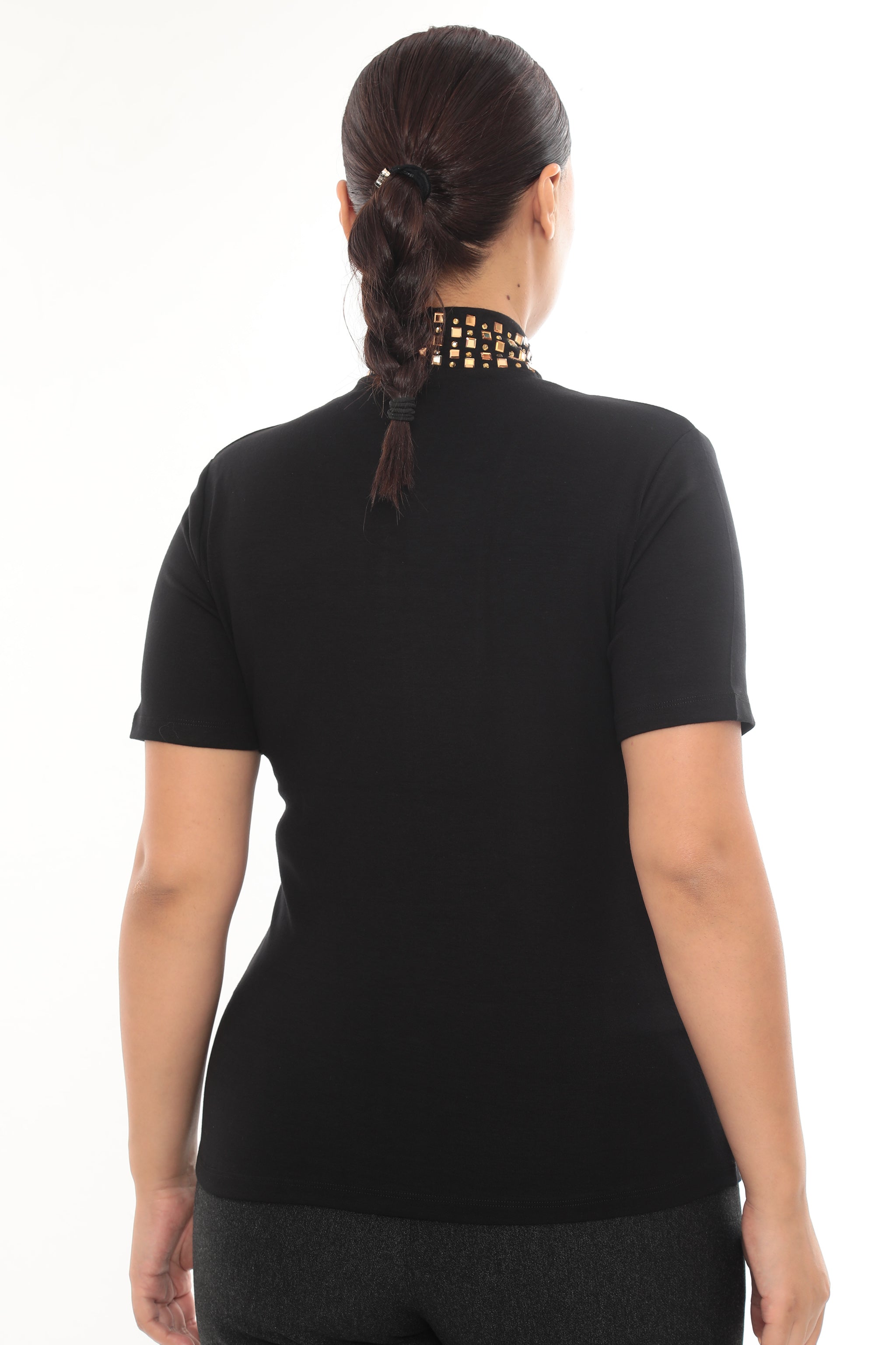 Stylový dámský top se stojáčkem a zlatými aplikacemi