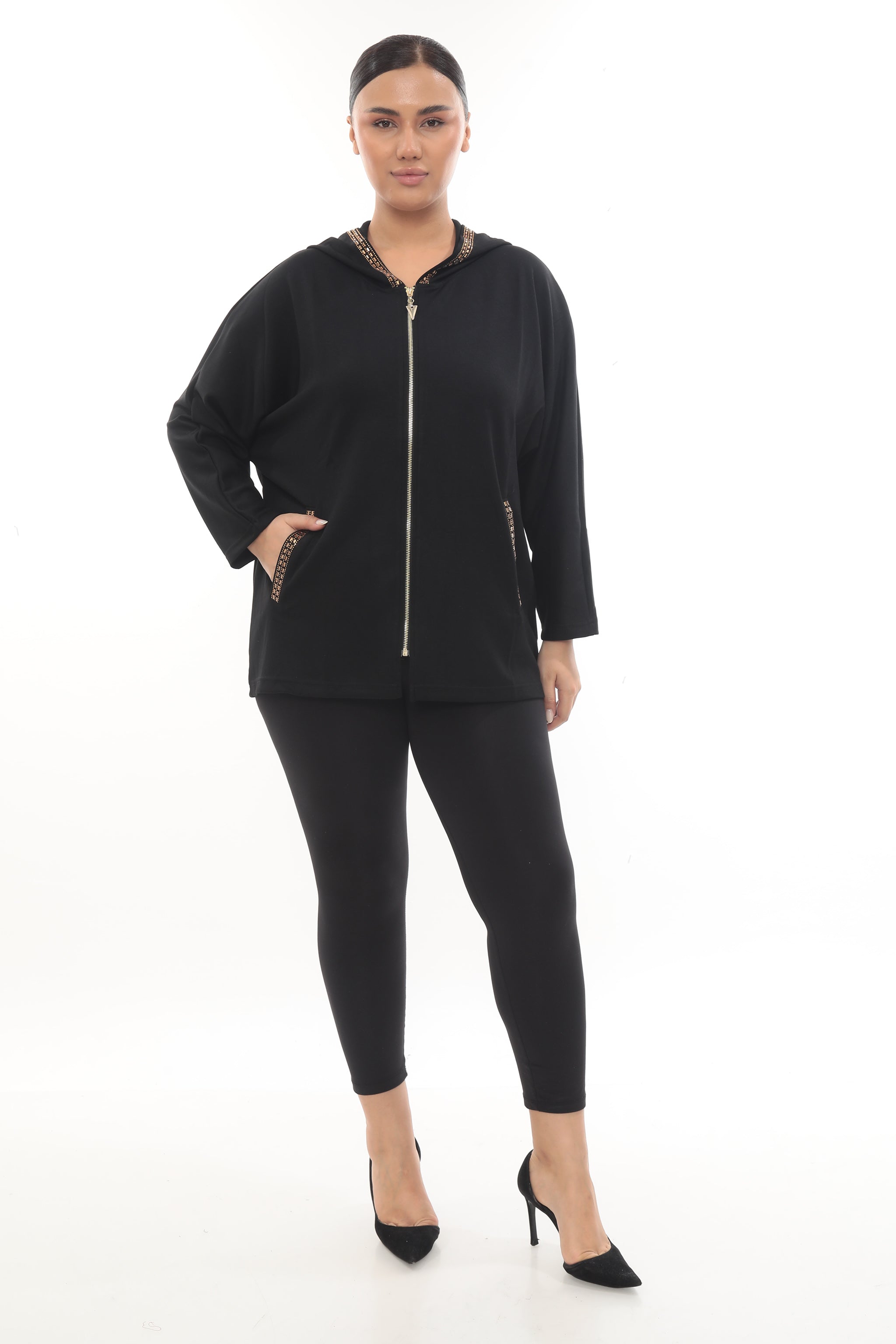 Dámská elegantní mikina na zip s kapucí a se zlatým zdobením