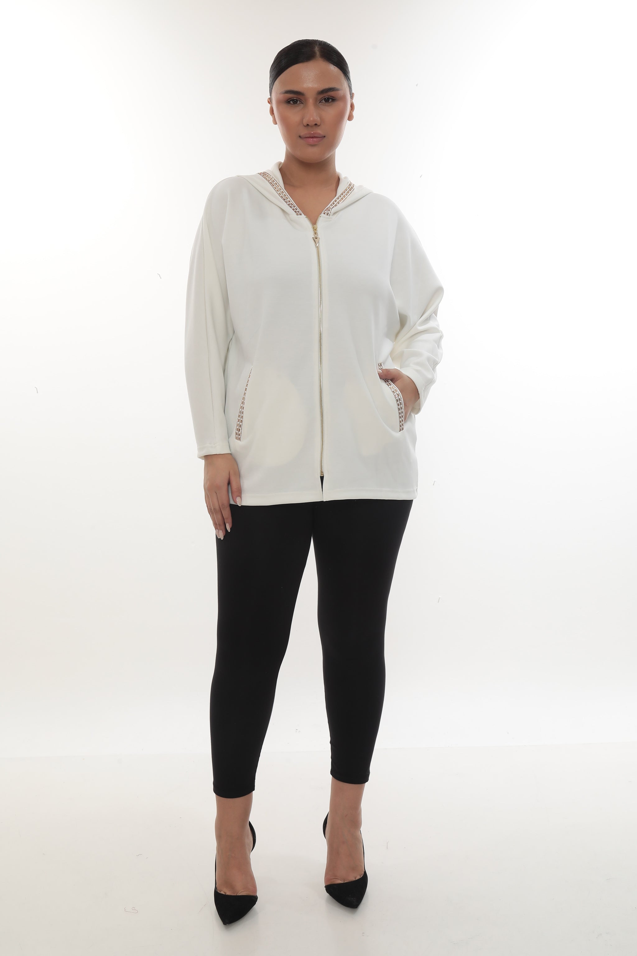 Dámská elegantní mikina na zip s kapucí a se zlatým zdobením