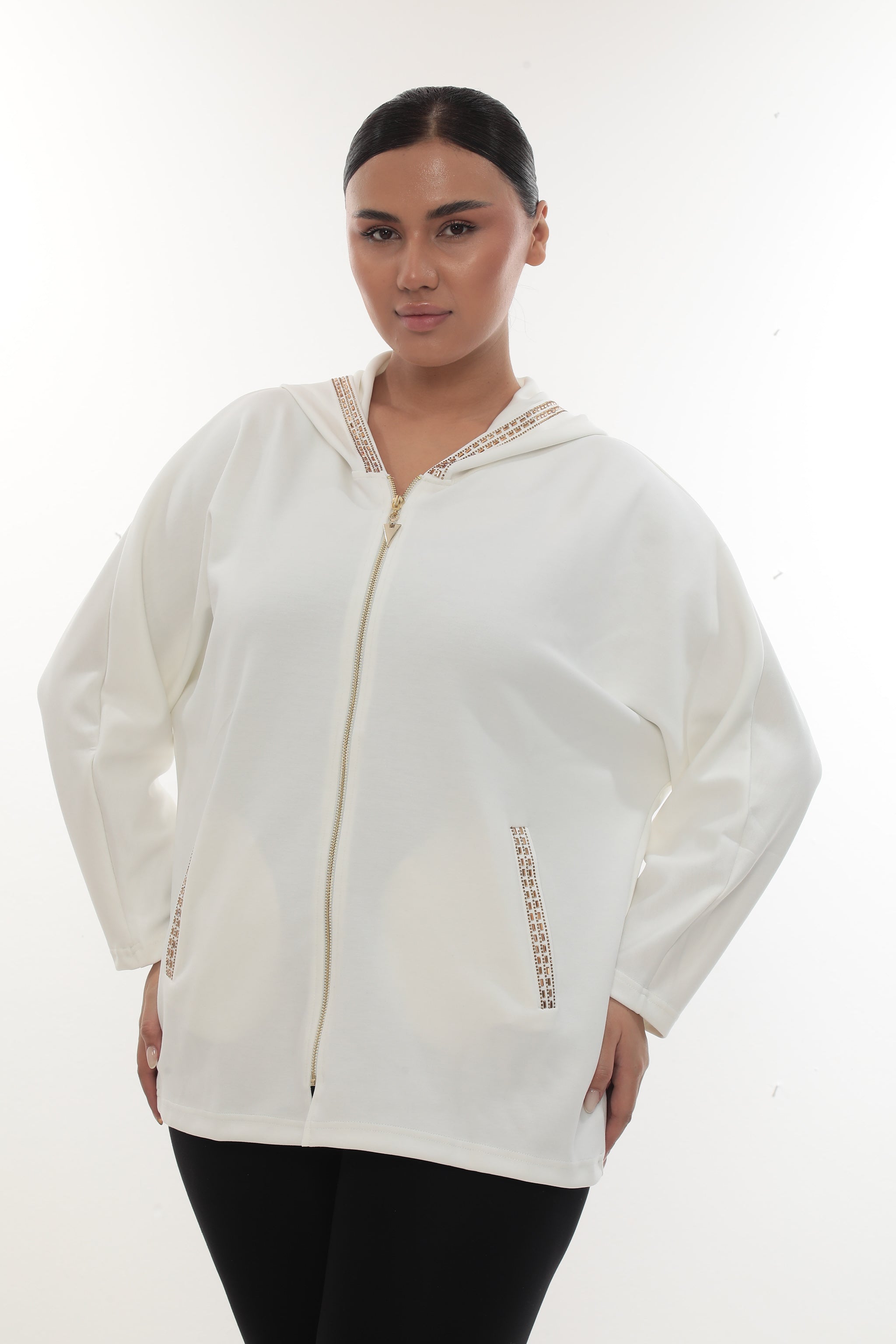 Dámská elegantní mikina na zip s kapucí a se zlatým zdobením