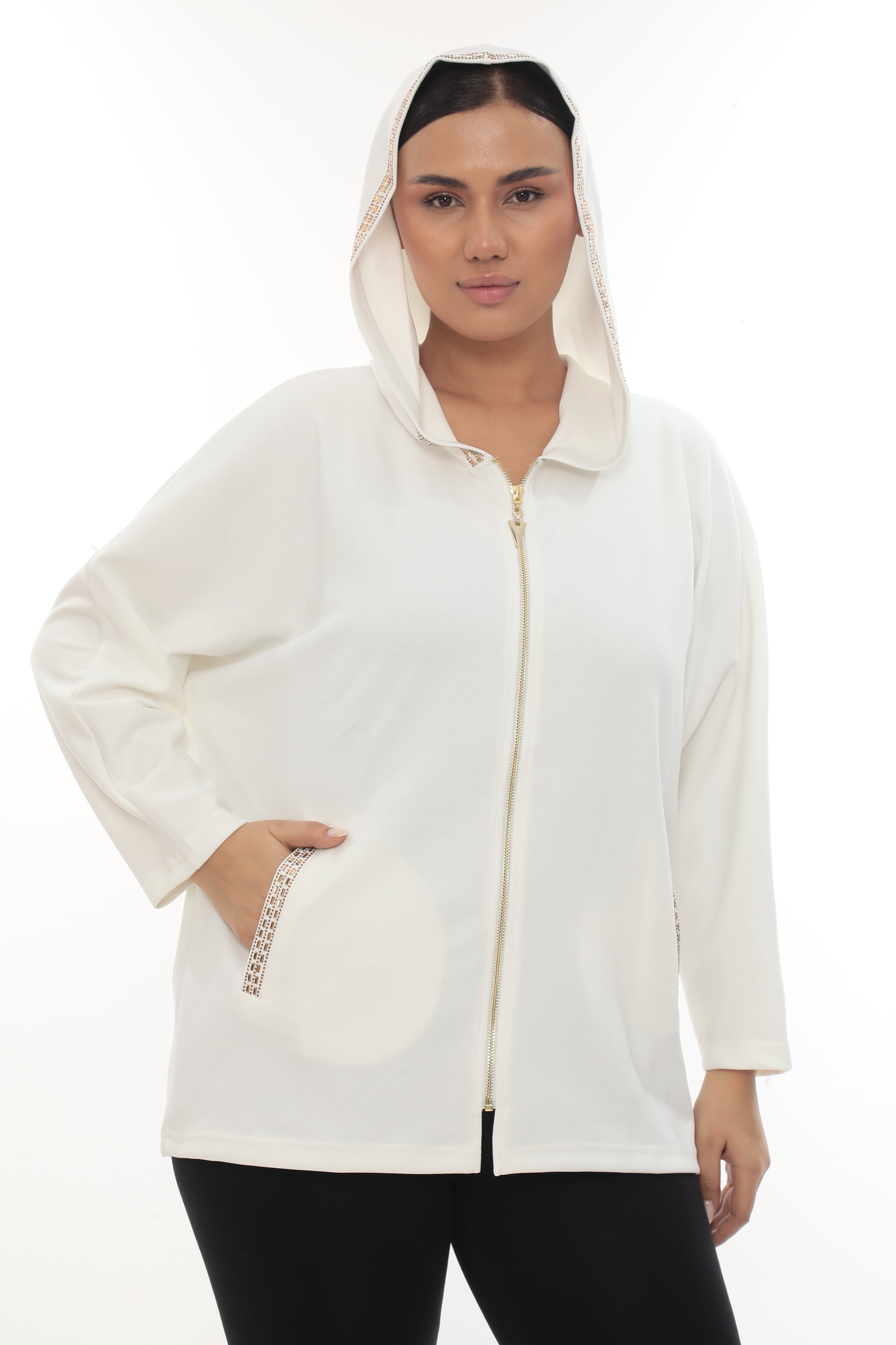 Dámská elegantní mikina na zip s kapucí a se zlatým zdobením