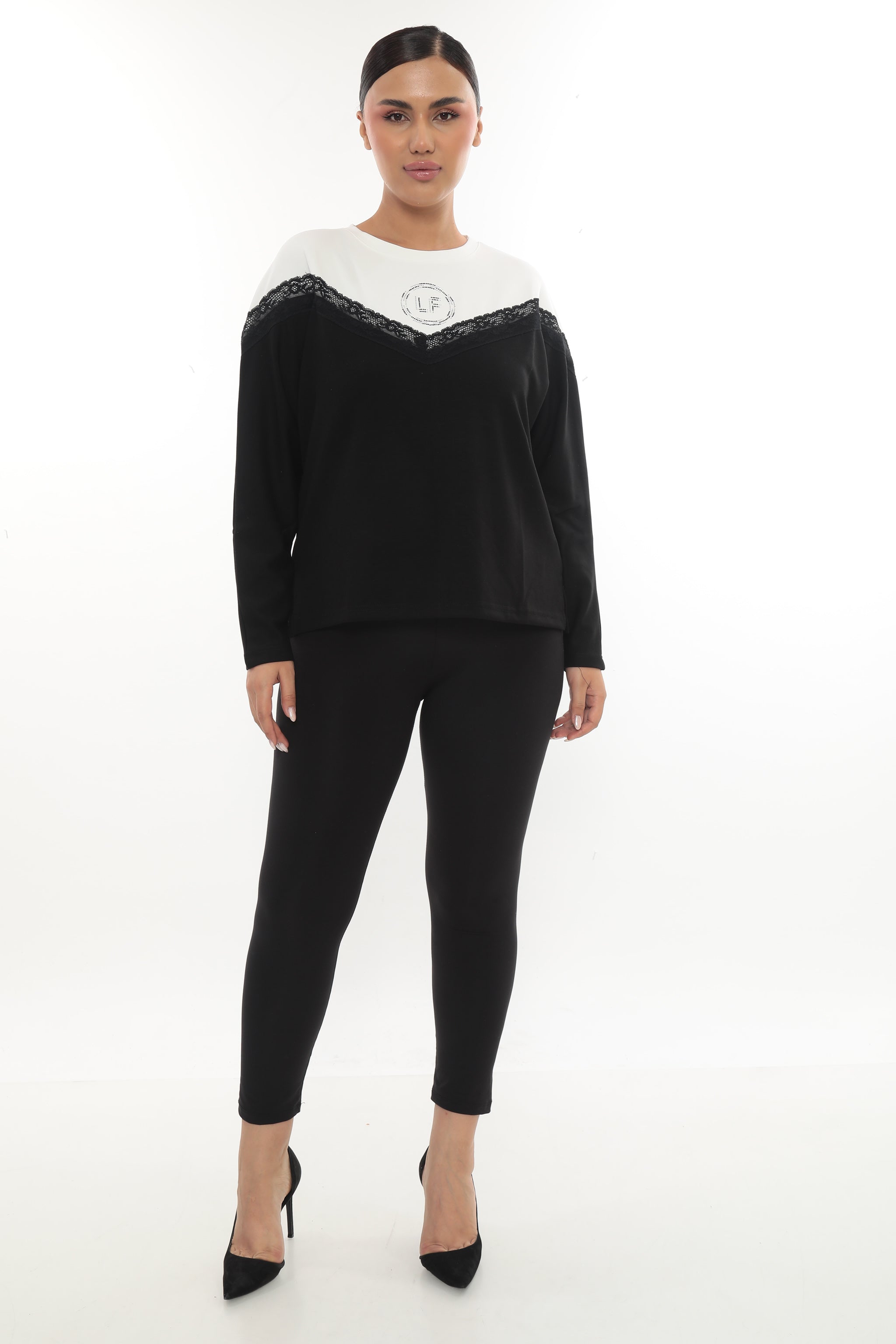 Dámská oversize mikina "LF" s krajkou color block - bílo-černá