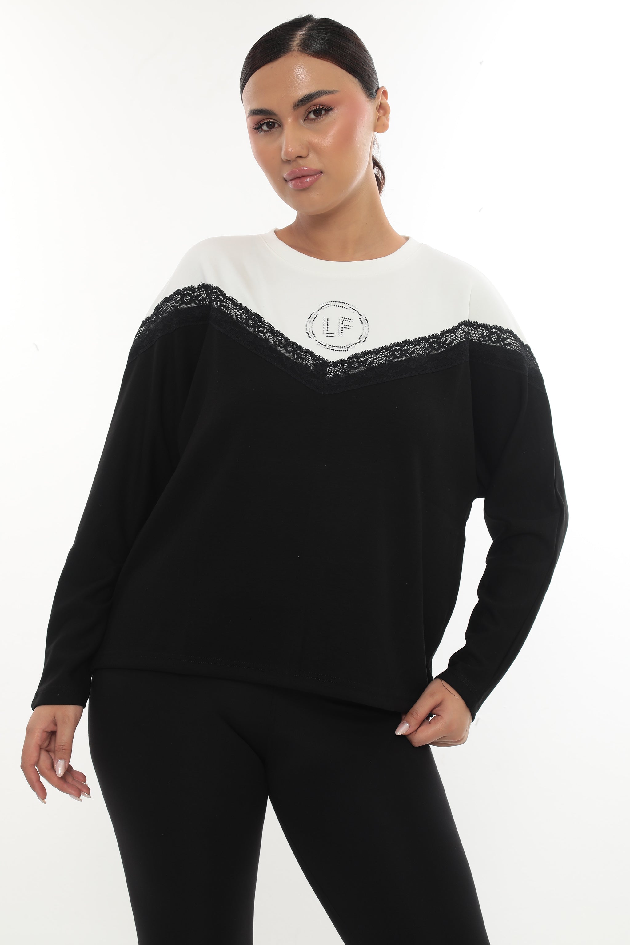 Dámská oversize mikina "LF" s krajkou color block - bílo-černá