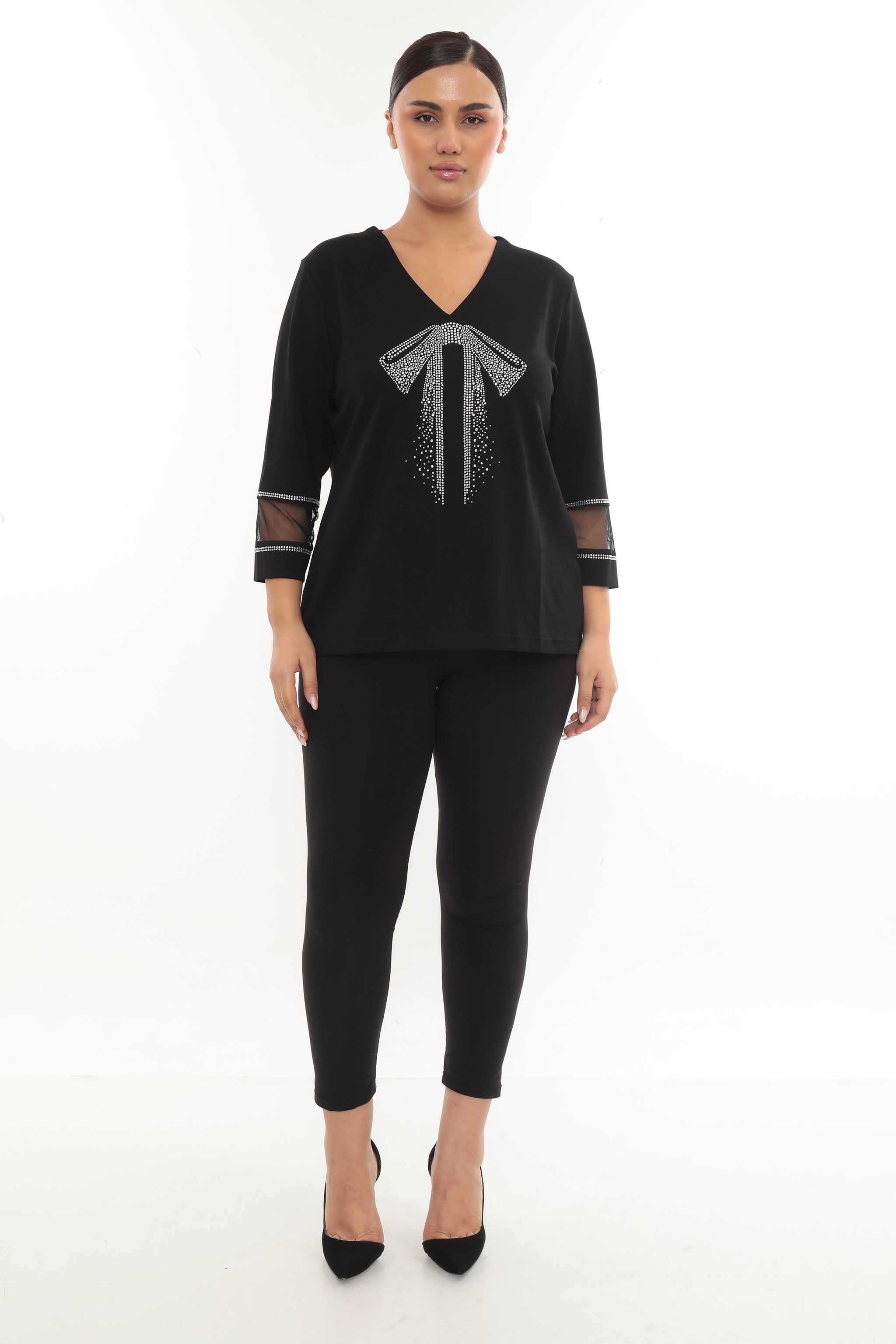 Dámská elegantní halenka s V-výstřihem a kamínkovou mašlí