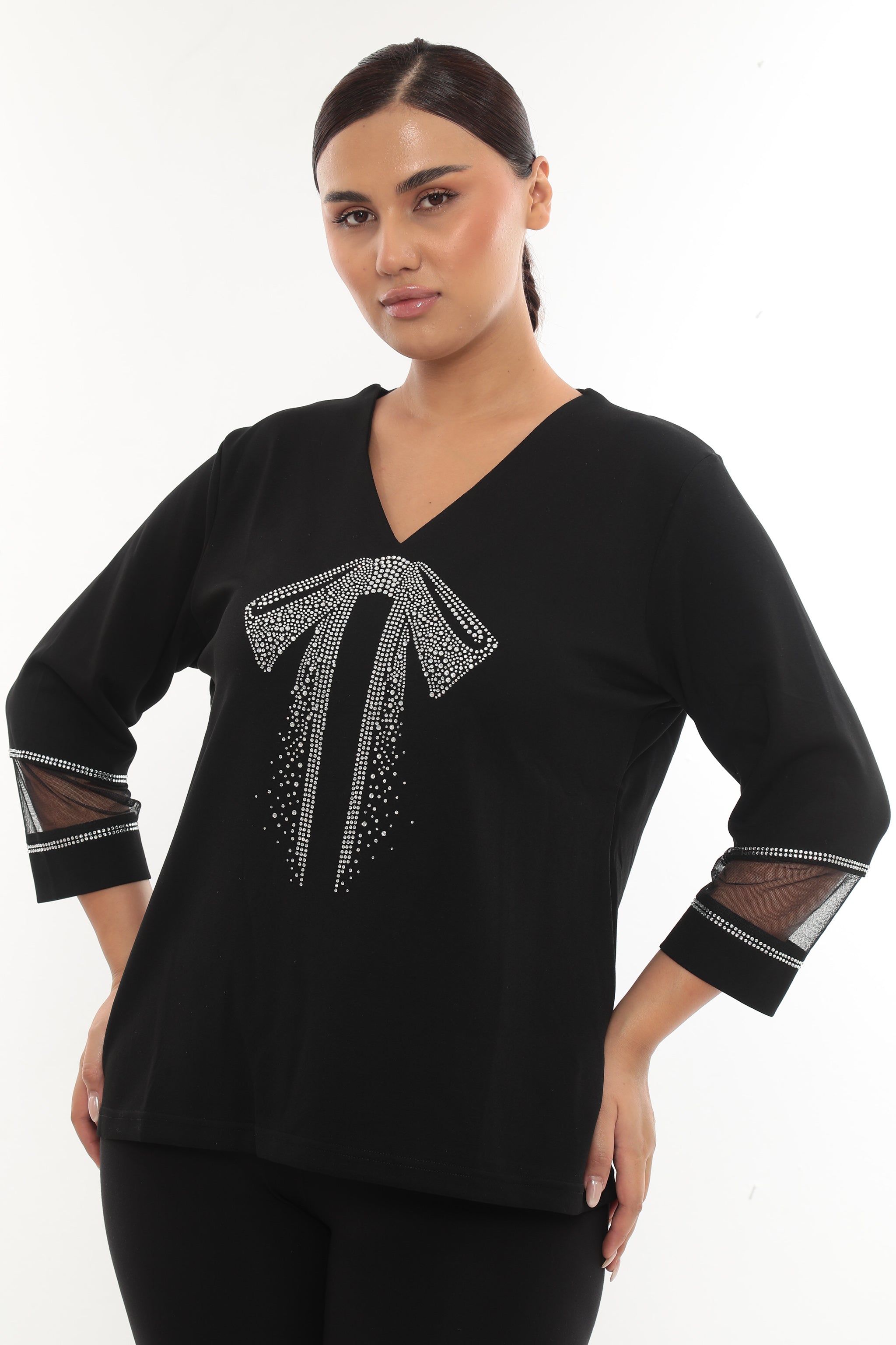 Dámská elegantní halenka s V-výstřihem a kamínkovou mašlí