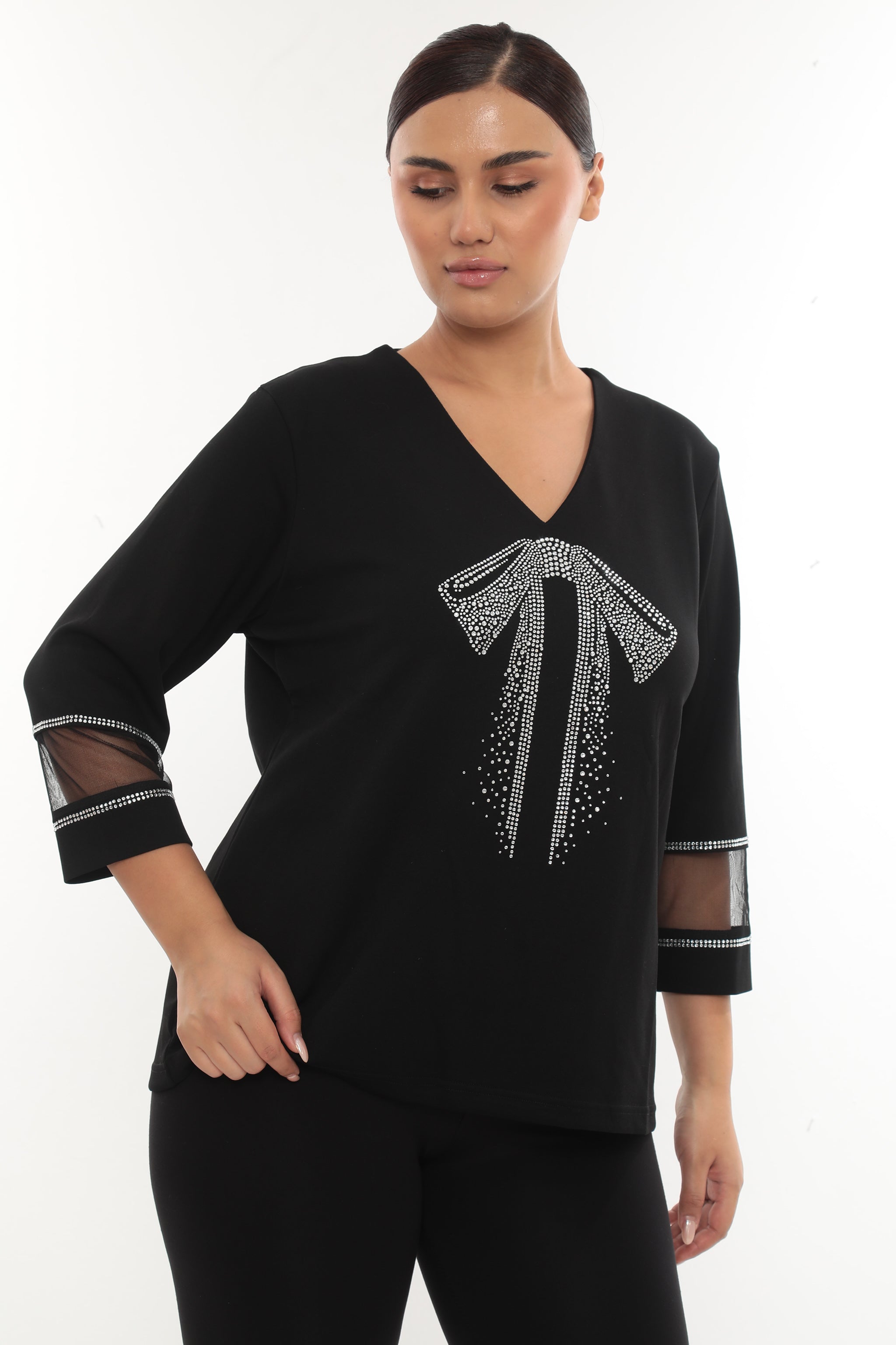 Dámská elegantní halenka s V-výstřihem a kamínkovou mašlí