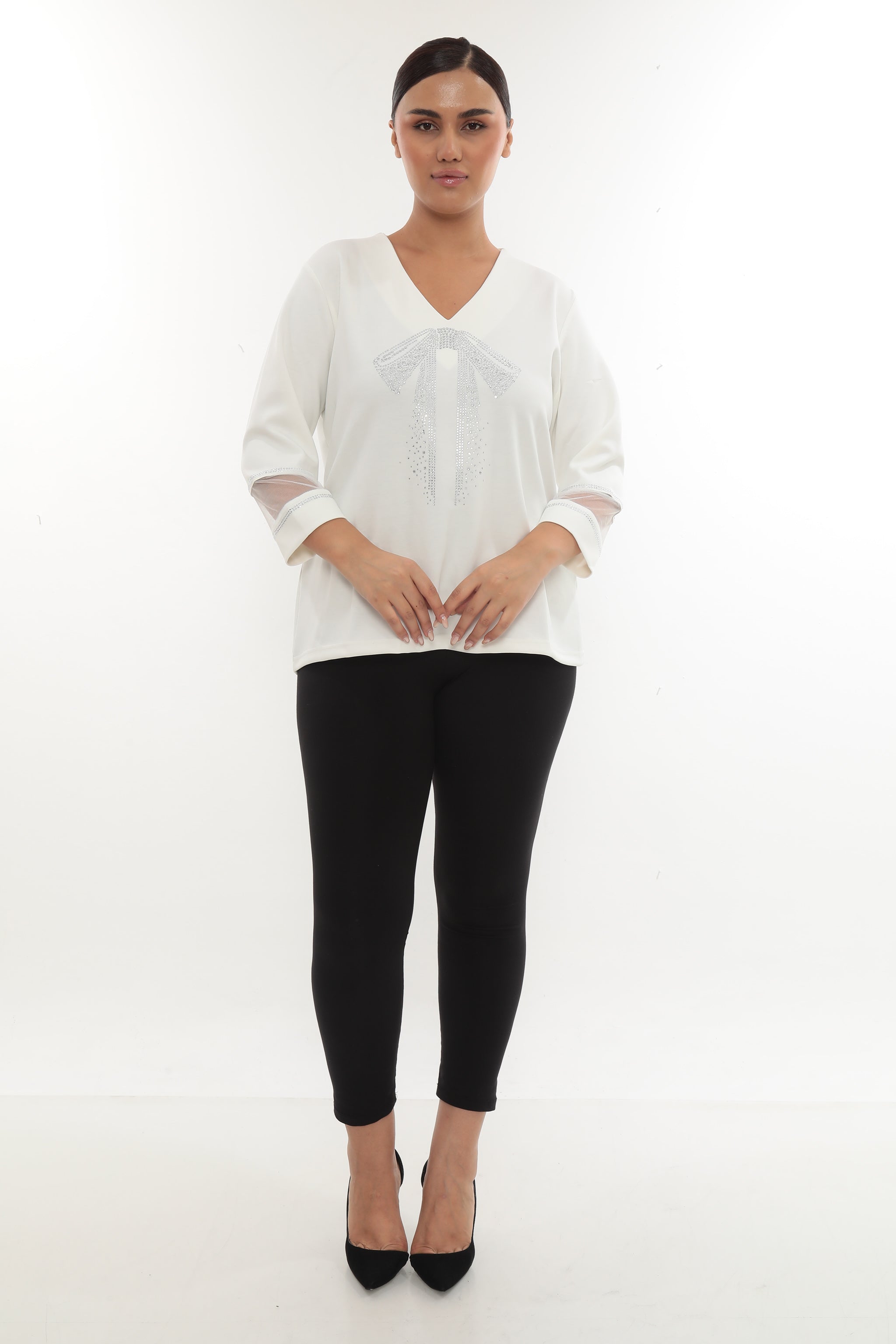 Dámská elegantní halenka s V-výstřihem a kamínkovou mašlí