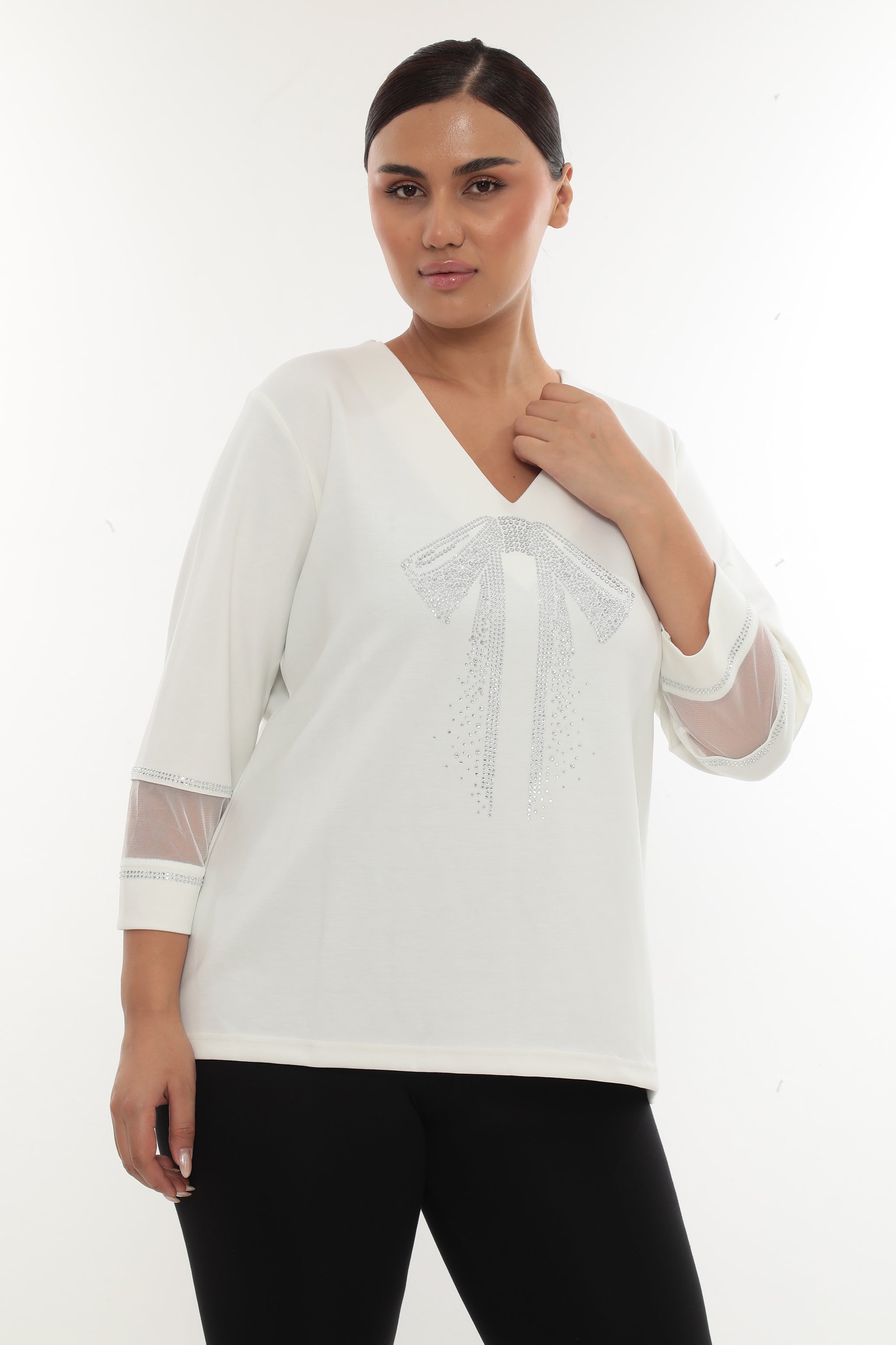 Dámská elegantní halenka s V-výstřihem a kamínkovou mašlí