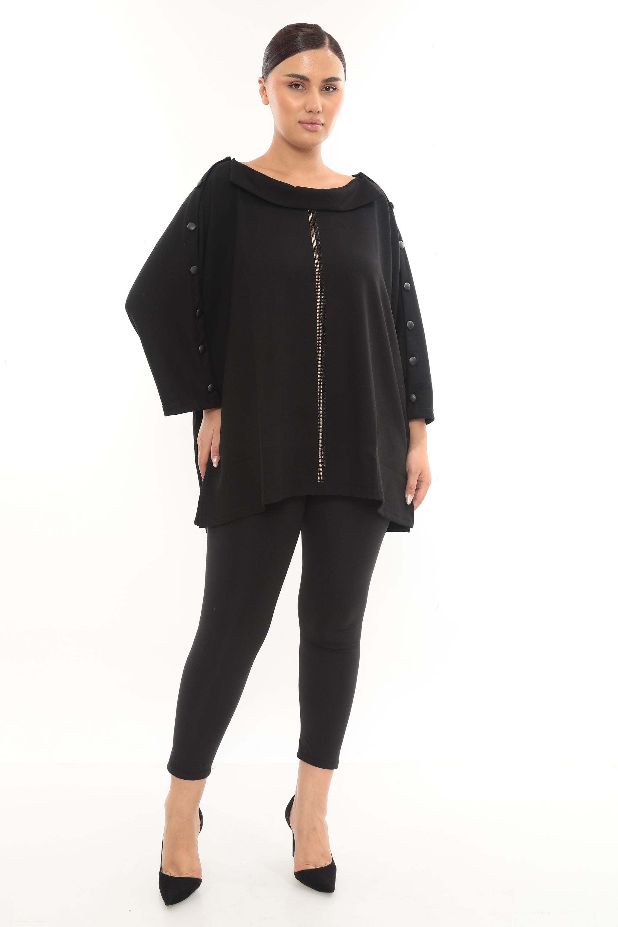 Asymetrická designová tunika s knoflíky a zlatým detailem