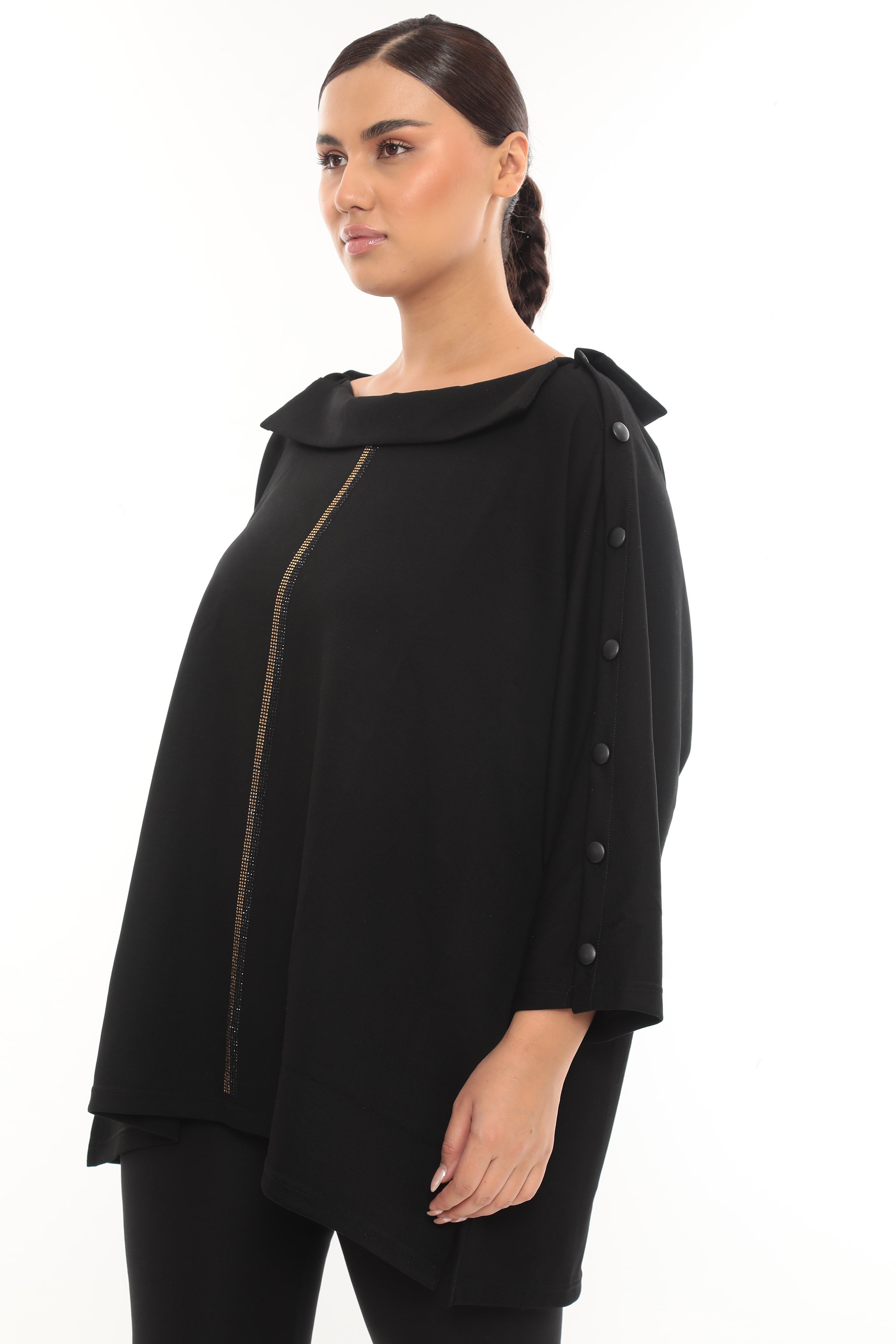 Asymetrická designová tunika s knoflíky a zlatým detailem