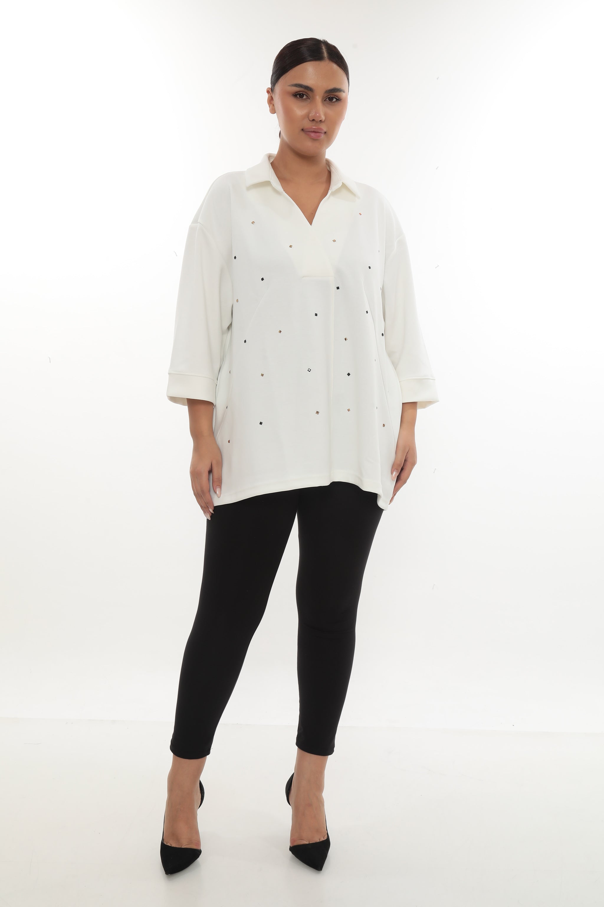 Dámská oversize mikina s košilovým límečkem a kamínky