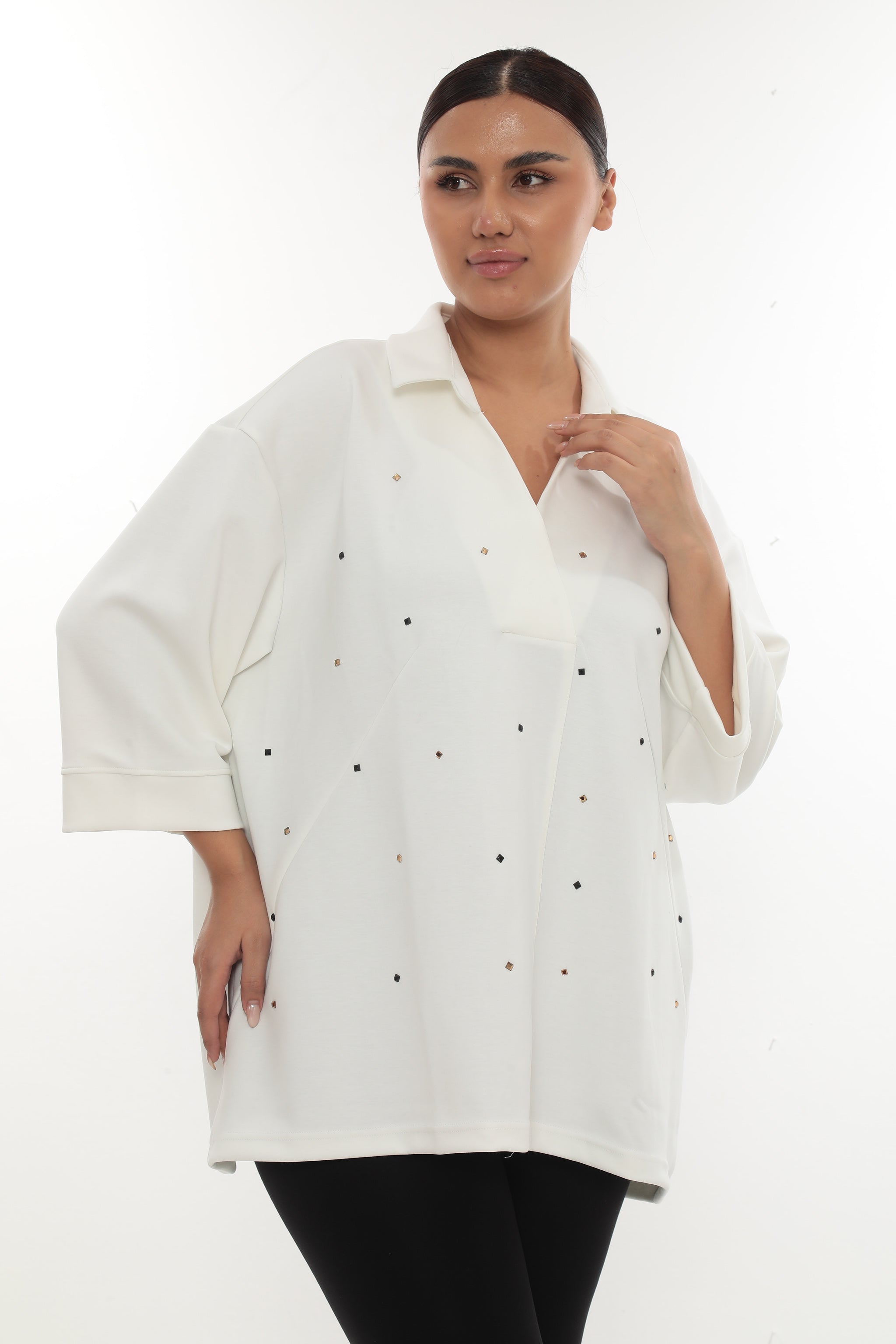 Dámská oversize mikina s košilovým límečkem a kamínky