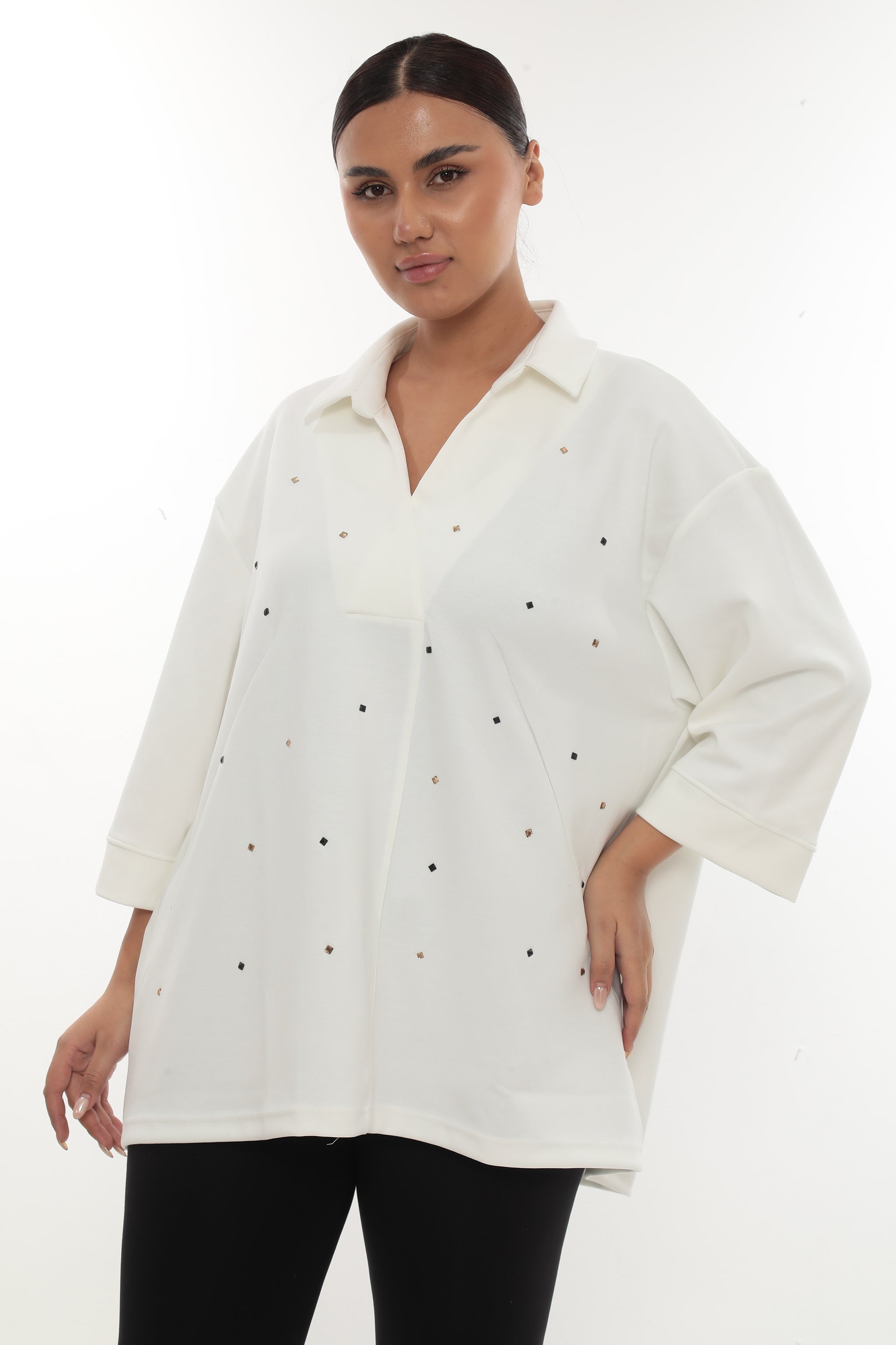 Dámská oversize mikina s košilovým límečkem a kamínky