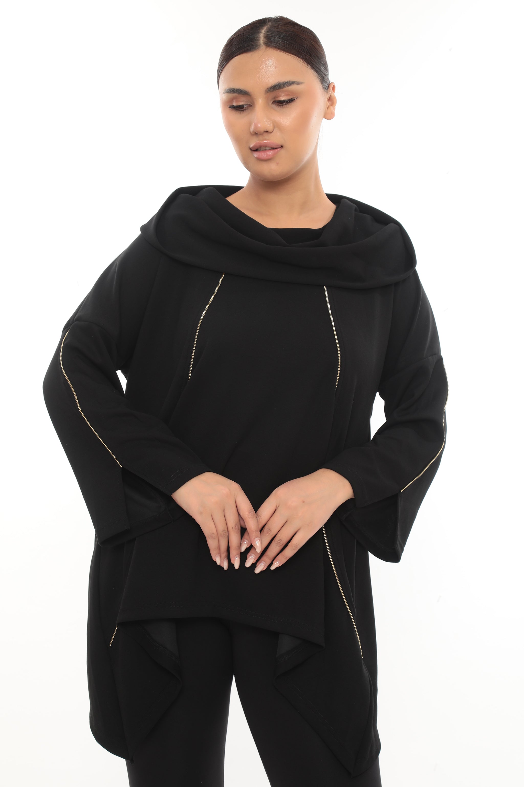 Dámská asymetrická mikina s kapucí a zlatými zipy