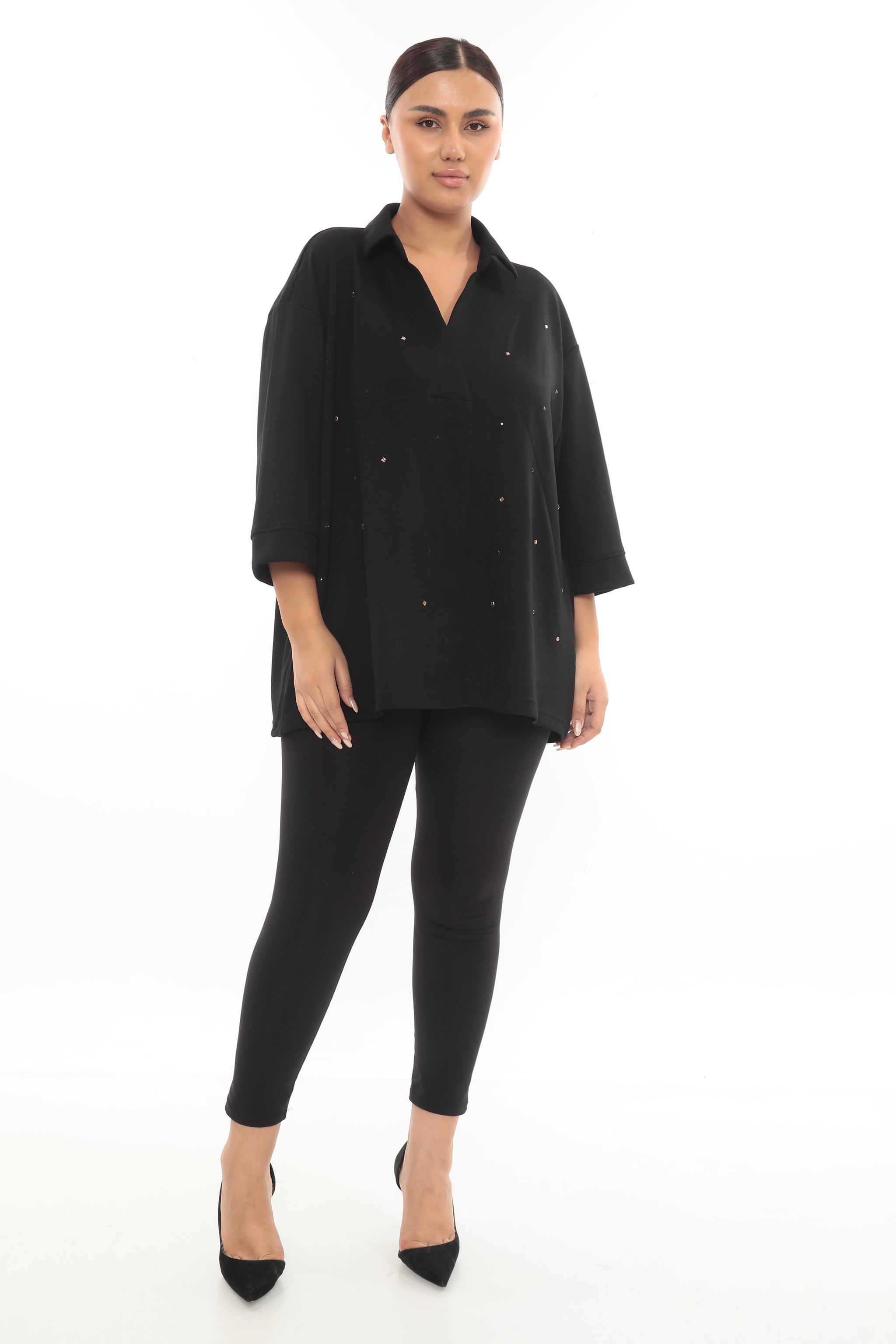 Dámská oversize mikina s košilovým límečkem a kamínky