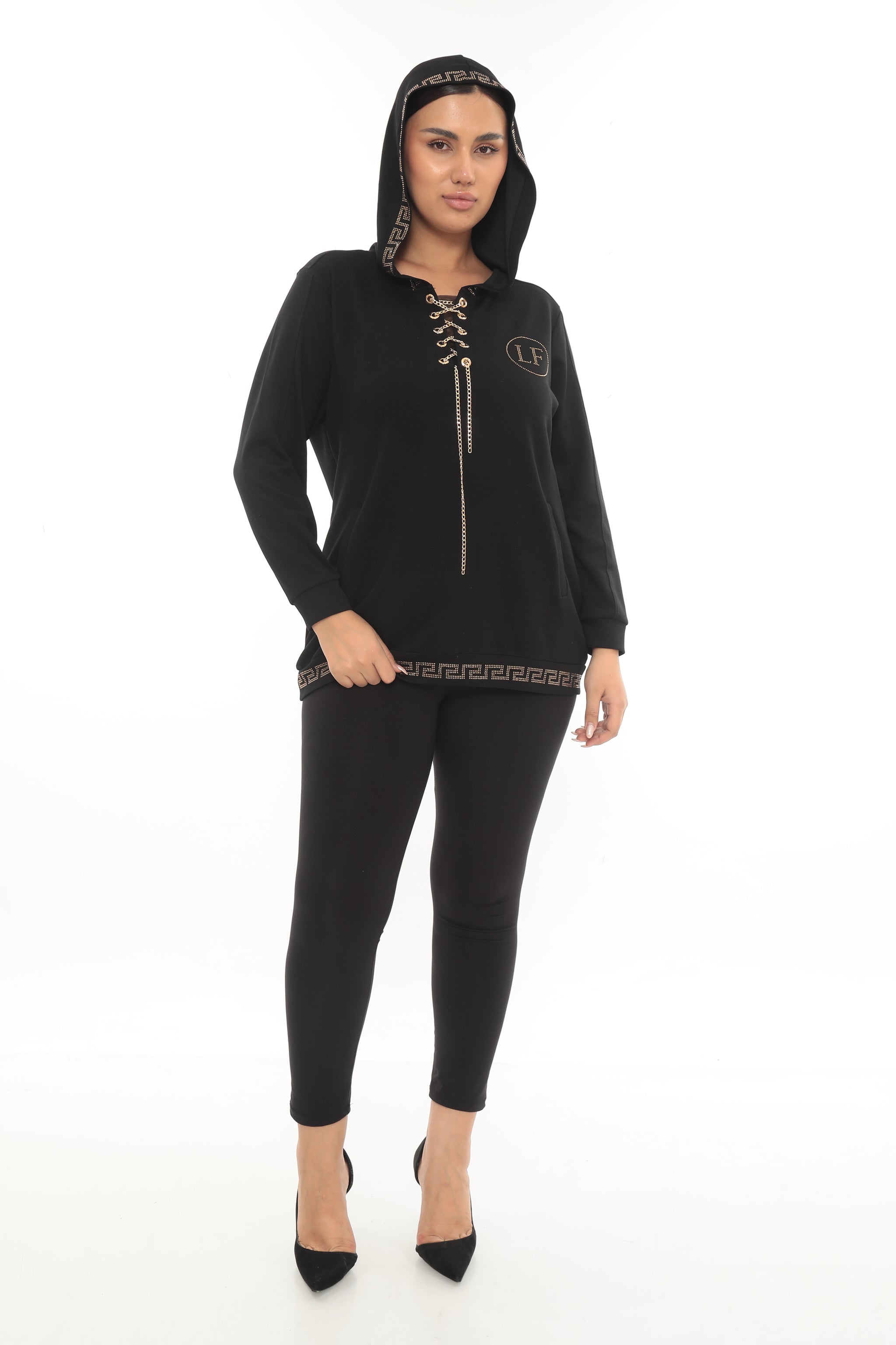 Dámská mikina s kapucí a zlatým šněrováním